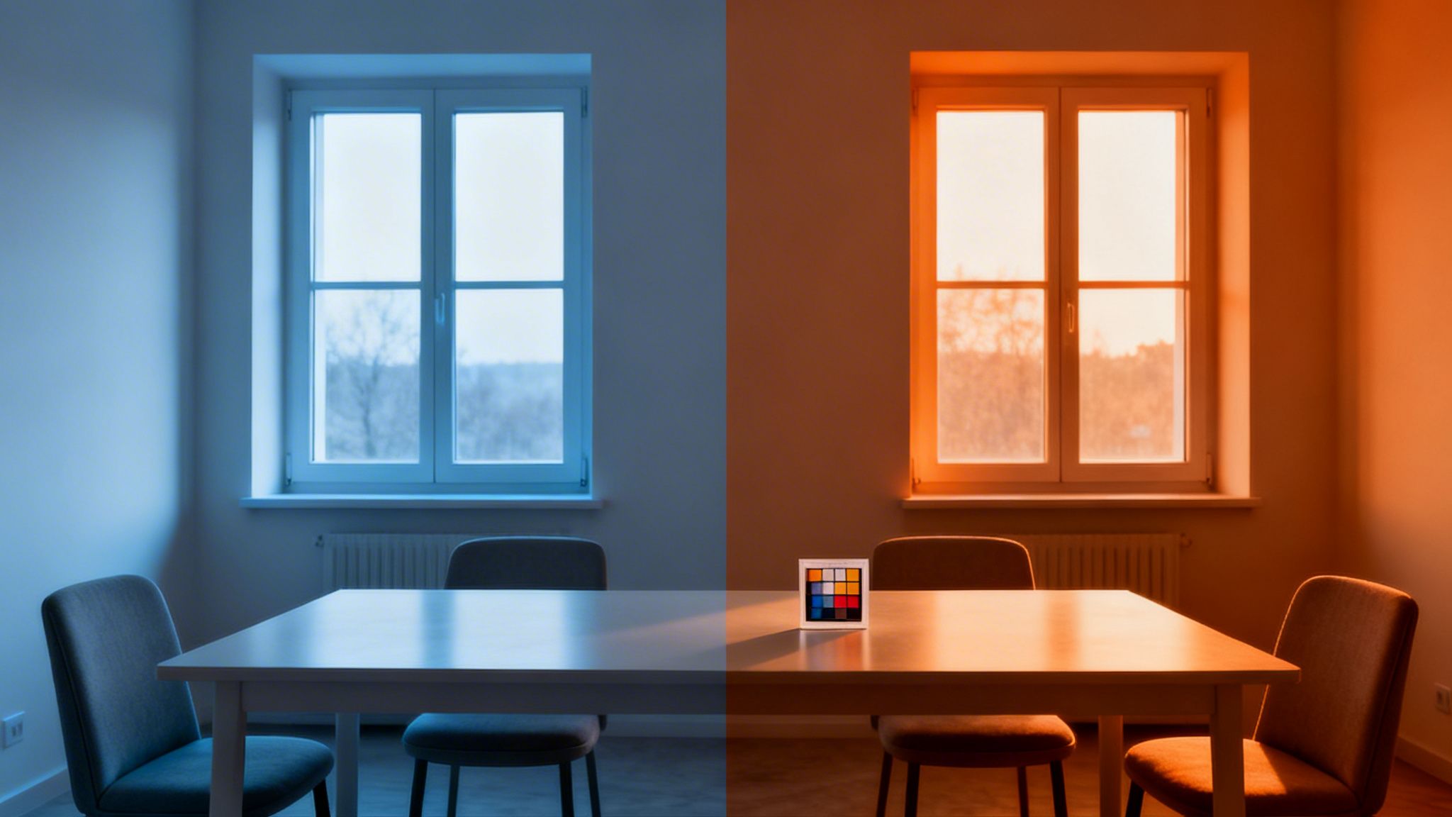 A room split into cool blue and warm orange lighting, showcasing a table, chairs, windows, and a color checker.
