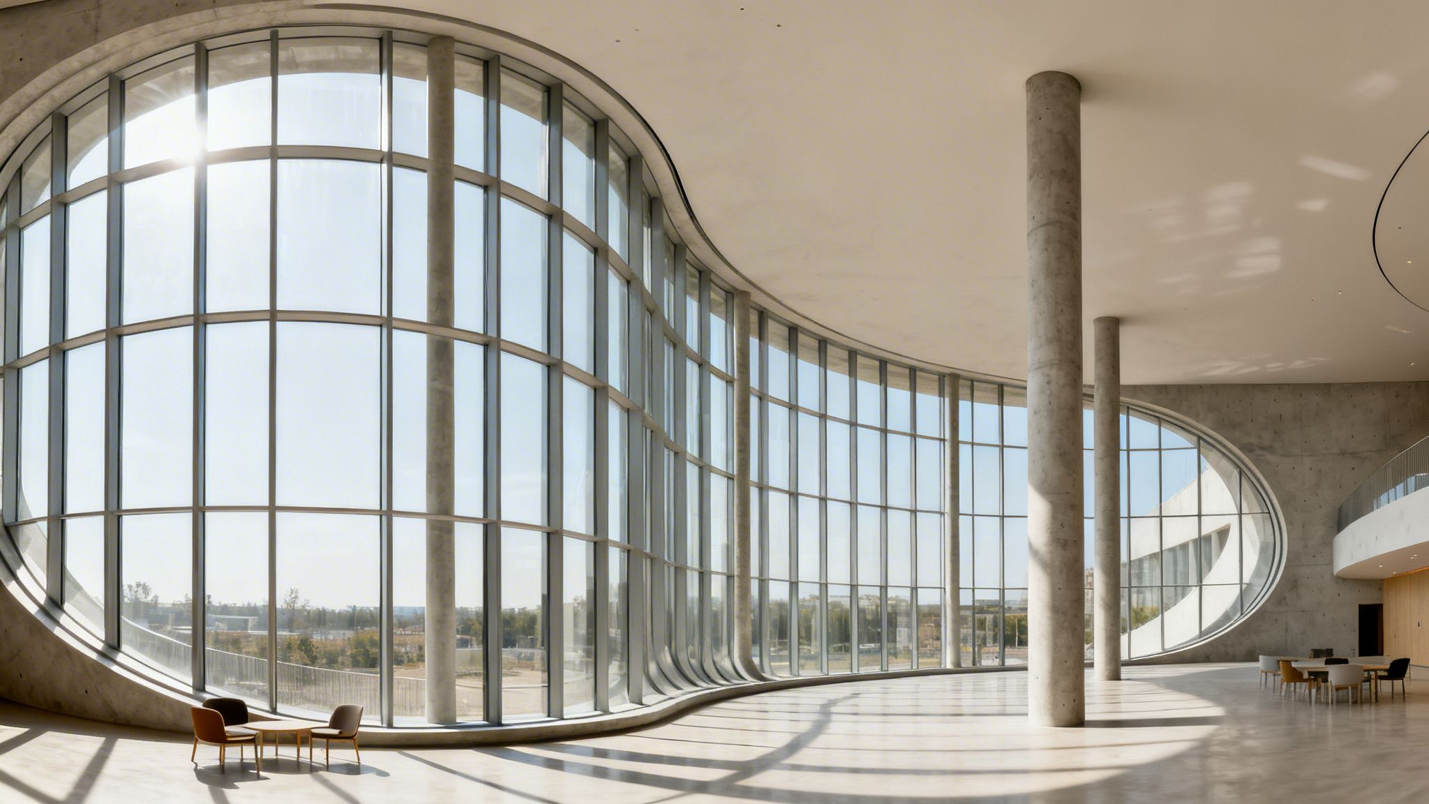 Modern building interior with a large curved glass wall, concrete columns, and natural sunlight.
