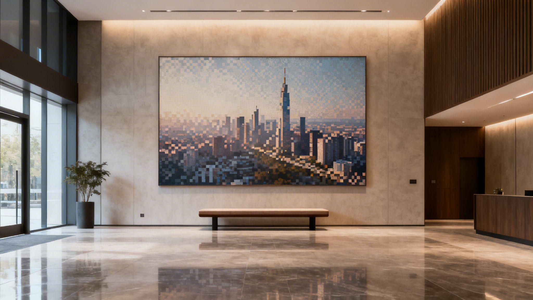 A minimalist, modern lobby with a large mosaic artwork depicting a city skyline at sunset.