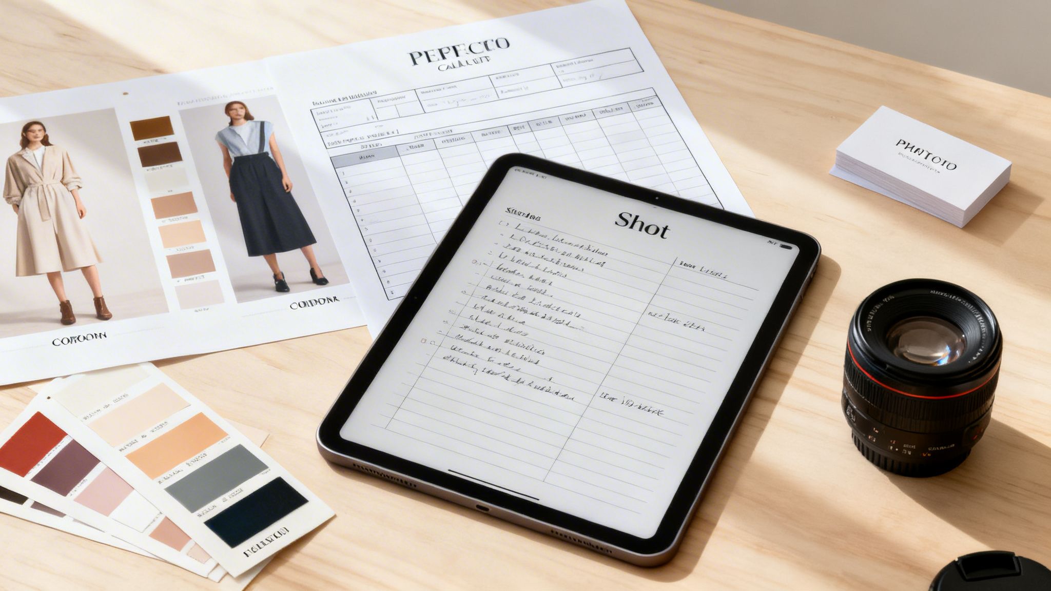 A detailed flat lay of a photography studio workspace with a tablet, camera lens, and fashion design documents.