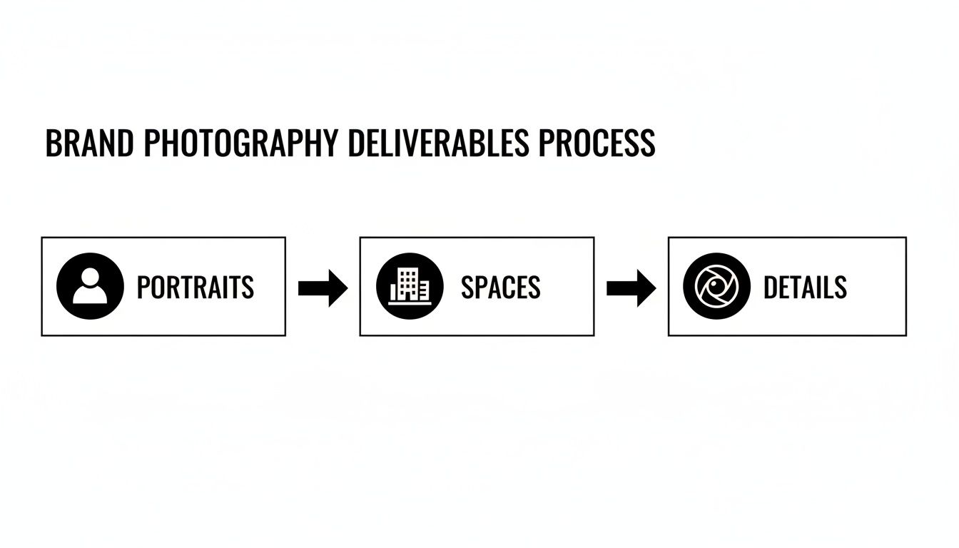 A brand photography deliverables process flowchart showing three steps: Portraits, followed by Spaces, then Details.