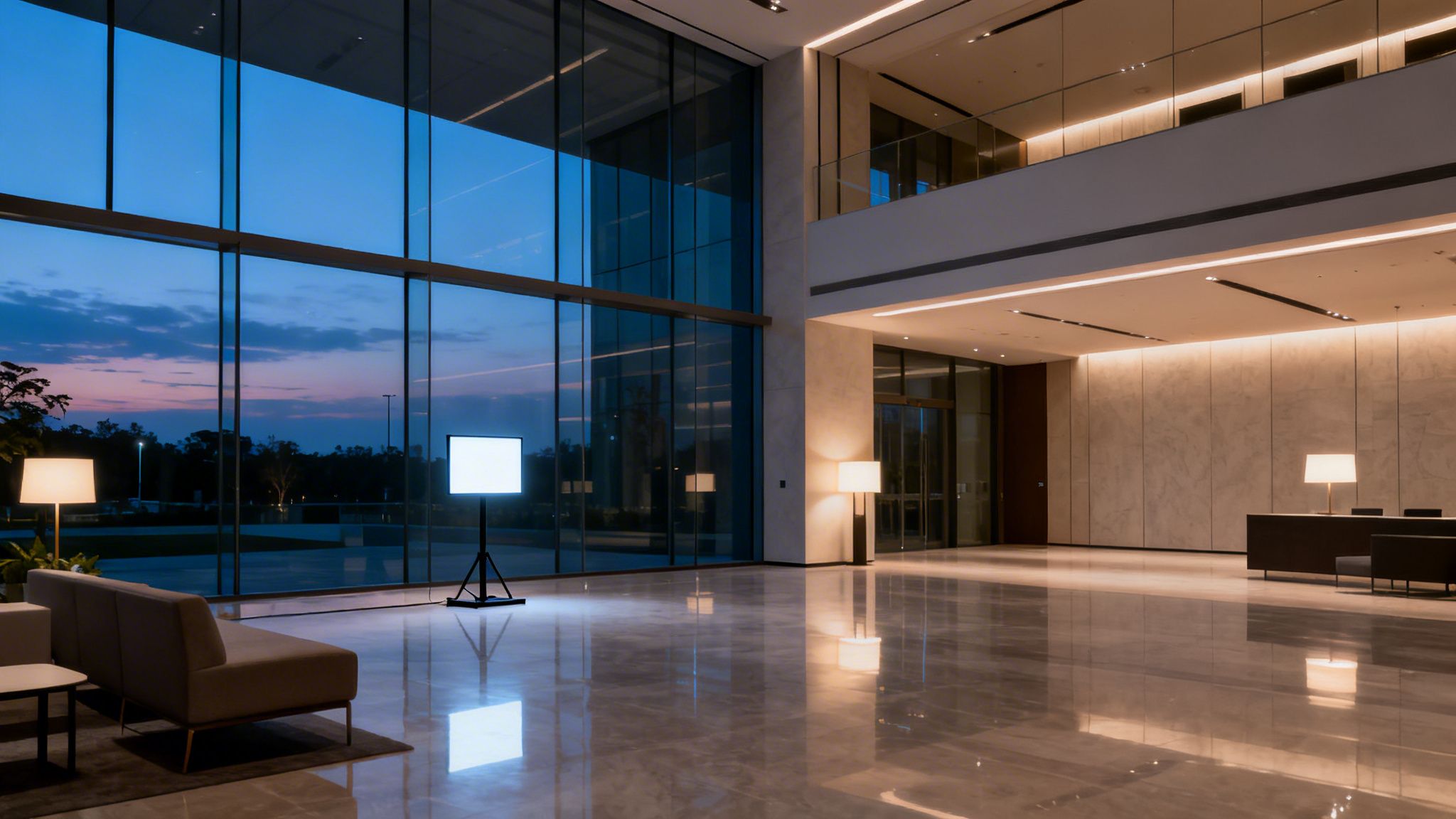 Luxurious modern building lobby at dusk with large windows, seating, and ambient lighting.