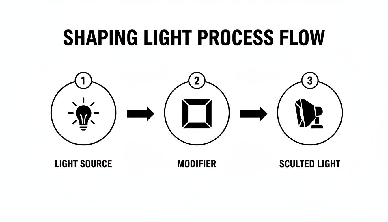 Diagram illustrating the shaping light process flow from light source, through a modifier, to sculpted light.