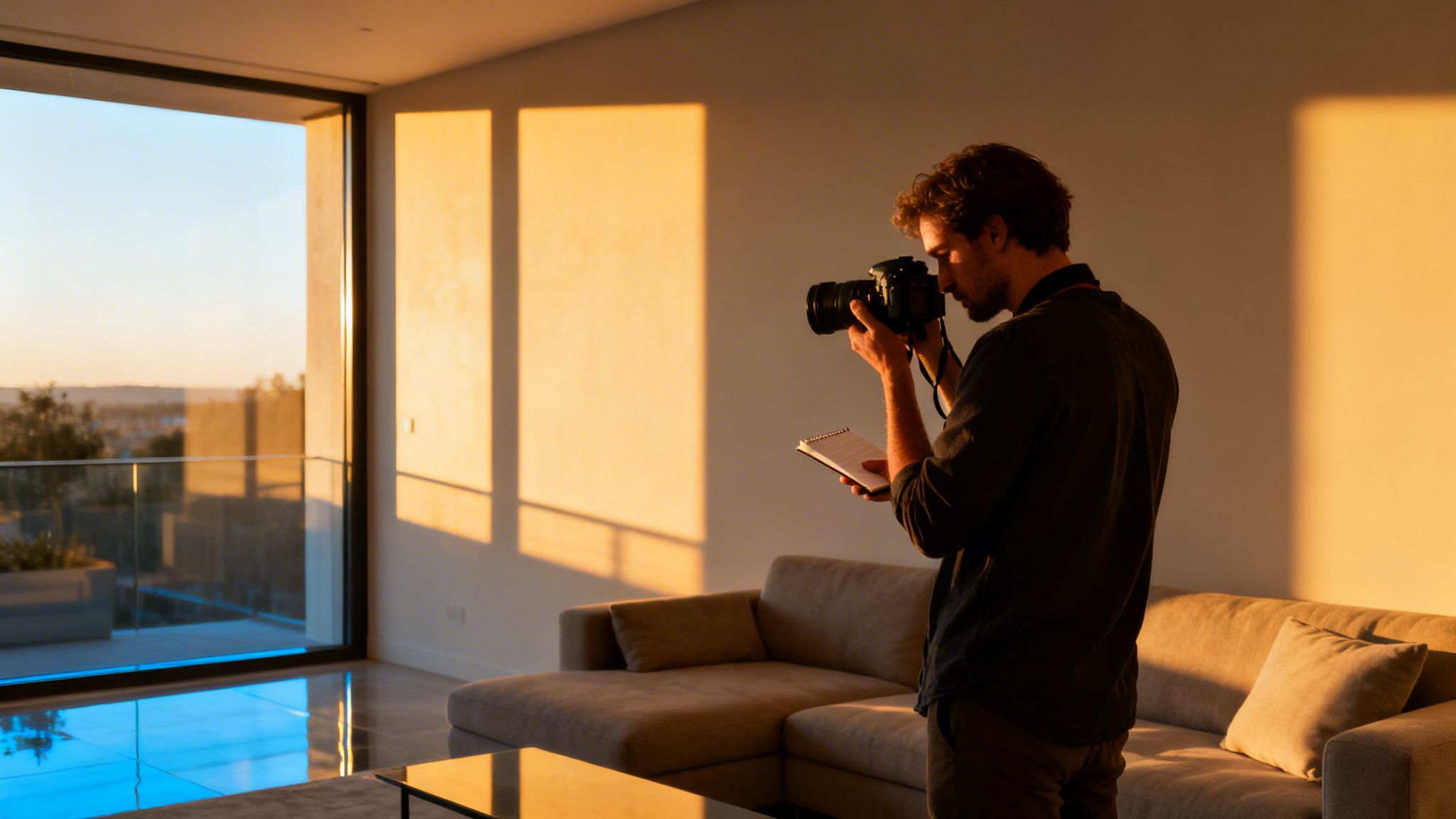 A male photographer takes photos in a sunlit modern room, holding a camera and notebook.