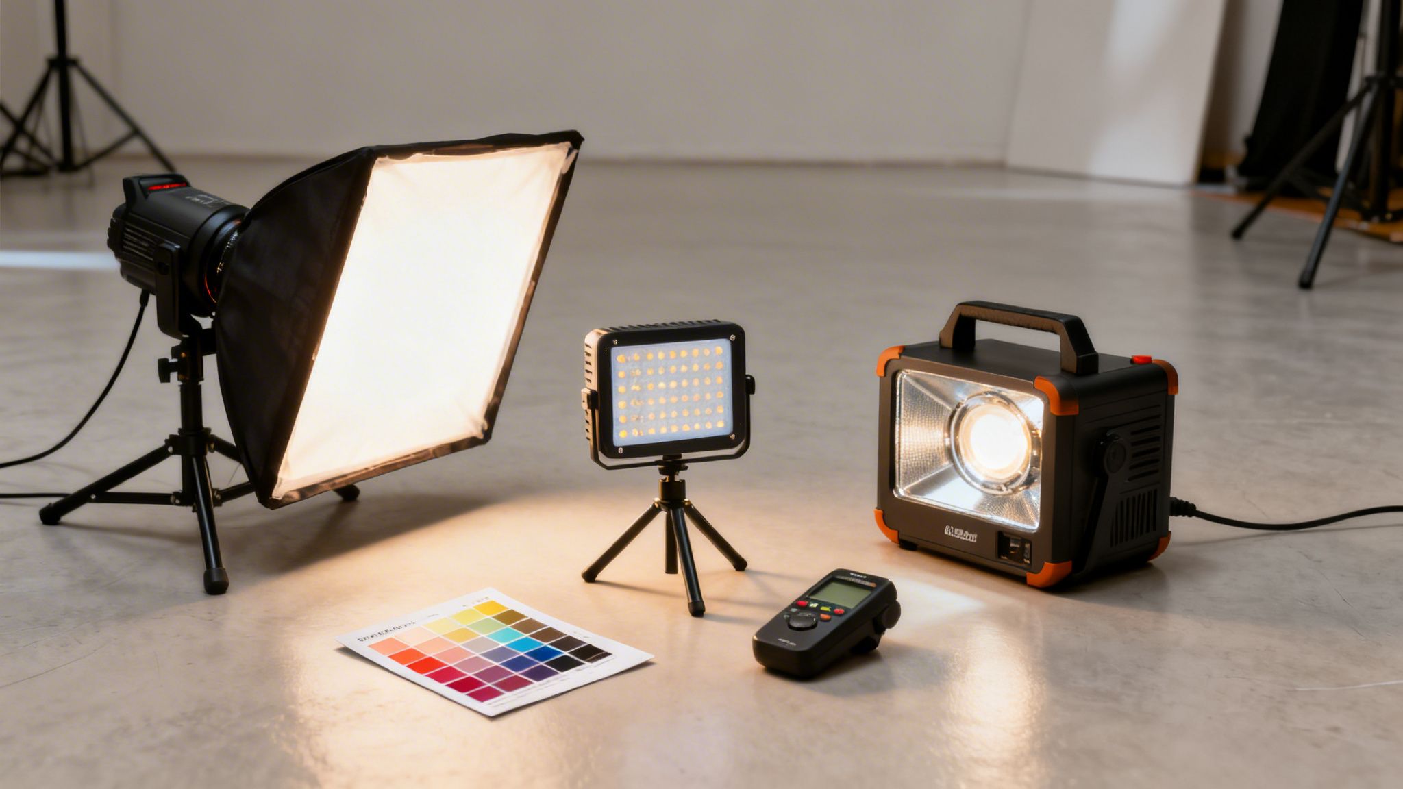 A collection of studio lighting equipment, including a softbox, LED panel, and floodlight, on a studio floor with a color checker chart and remote.