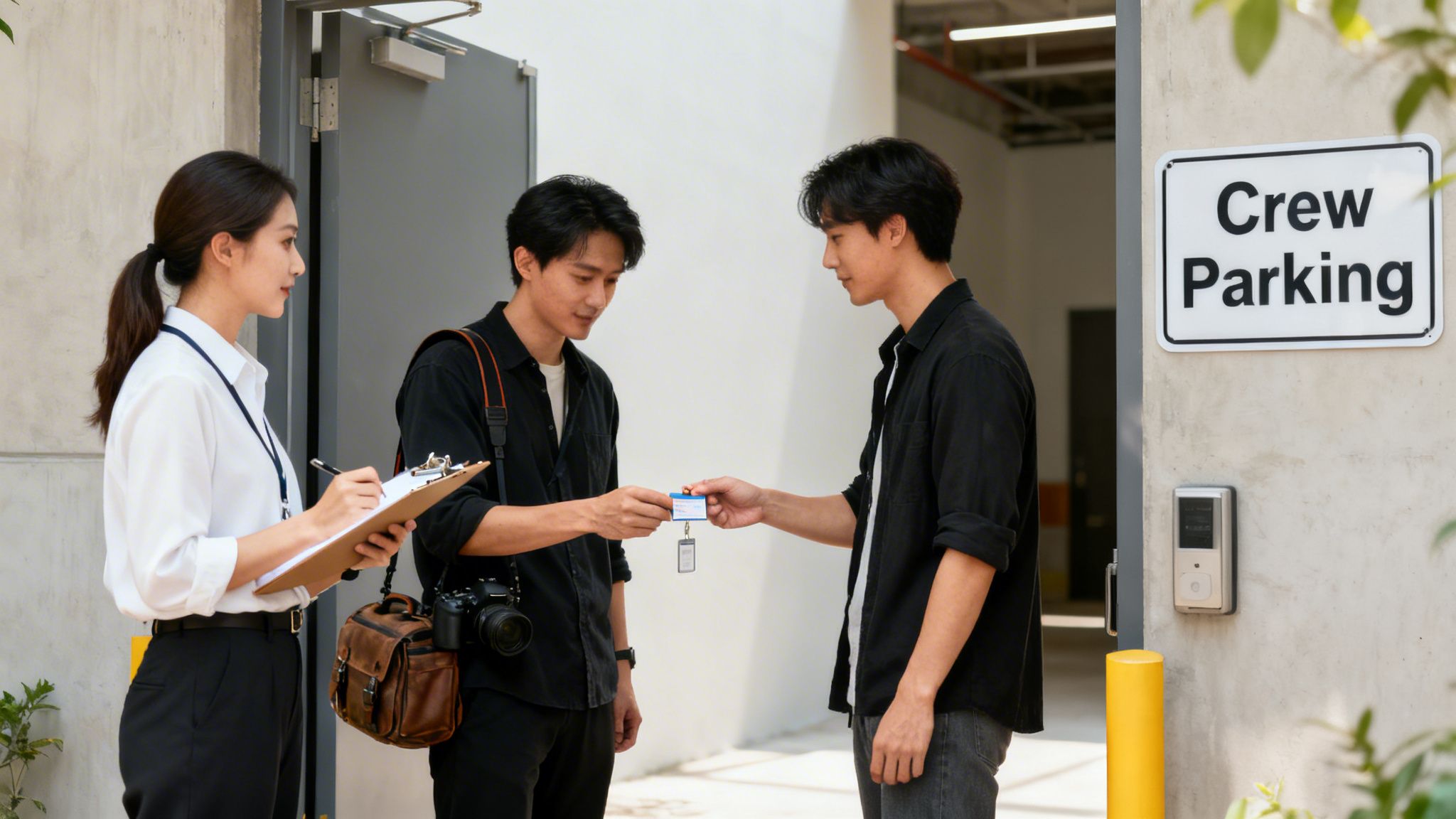 A staff member registers two men, one with a camera, as they exchange an ID card at a site entrance.