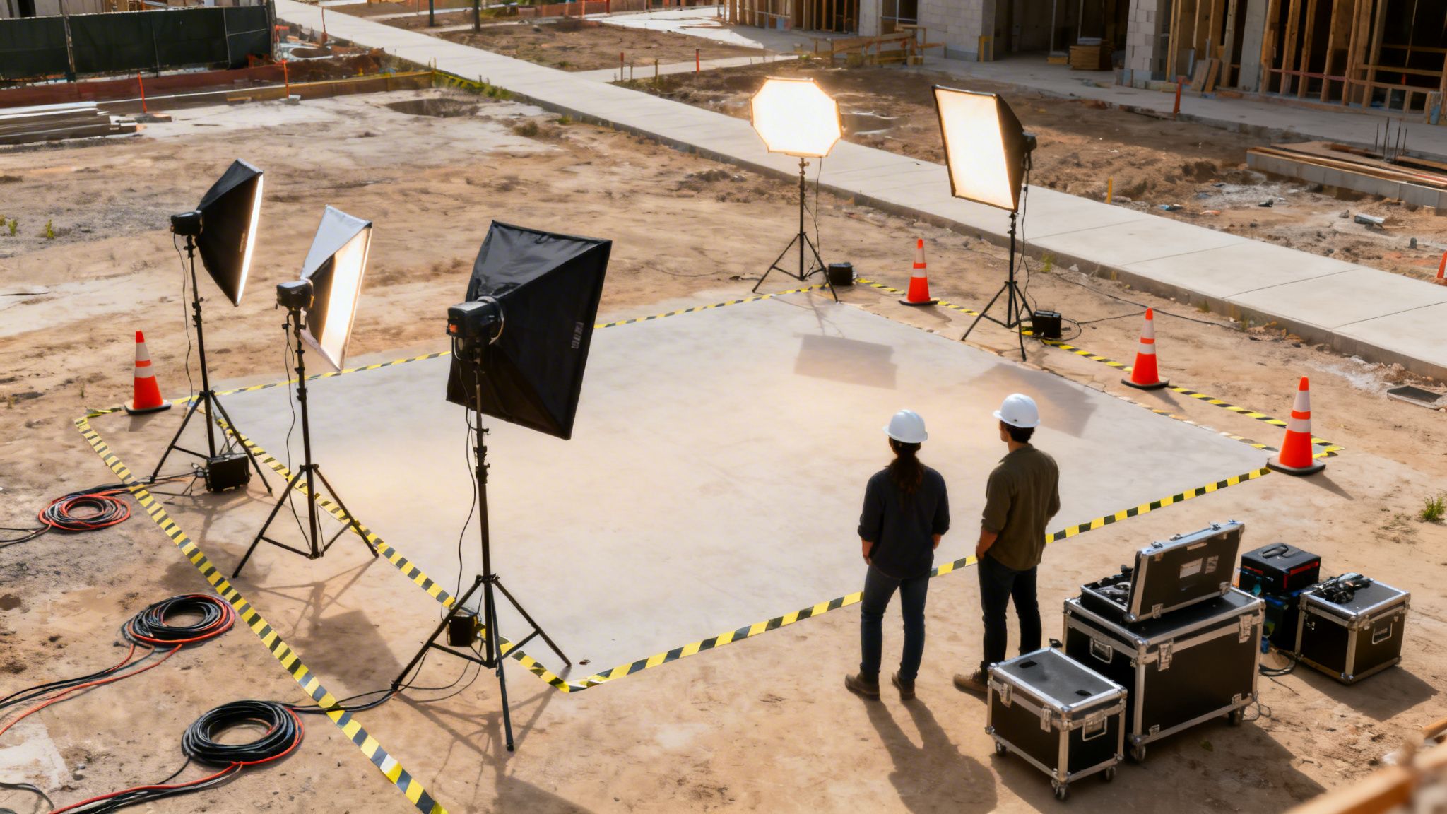 Two people in hard hats on a concrete pad at a construction site, surrounded by professional photography lights.
