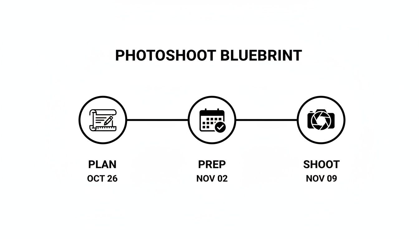 A photoshoot blueprint timeline showing three stages: Plan (Oct 26), Prep (Nov 02), and Shoot (Nov 09).