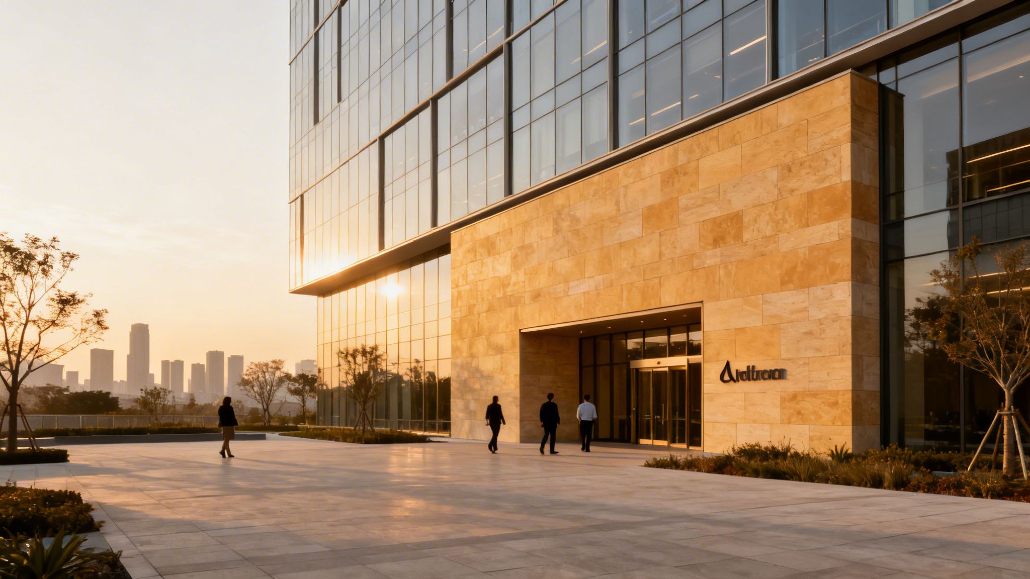 Modern office building exterior at sunset with people walking, stone facade, and city skyline.