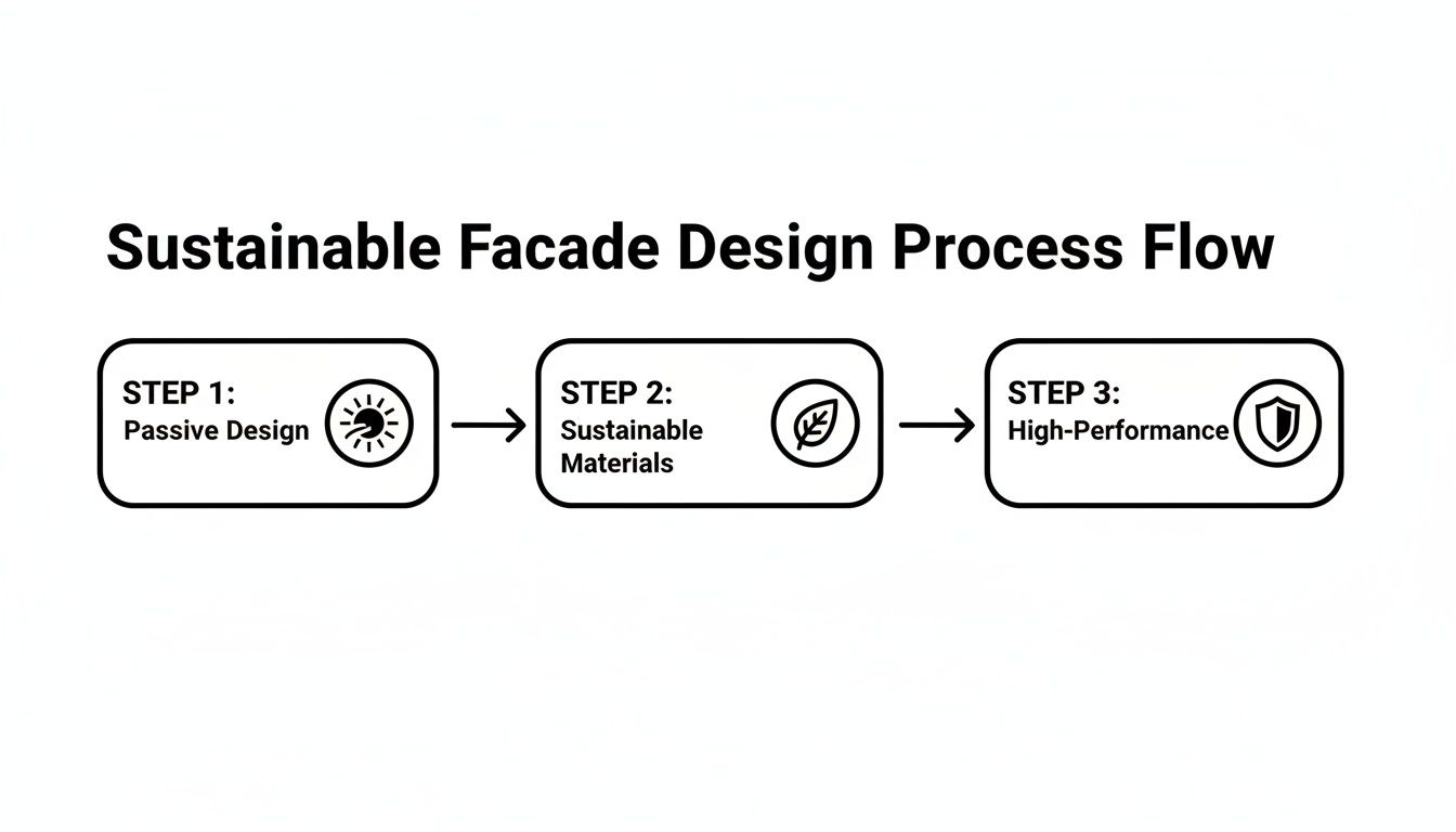 Flowchart illustrating a three-step sustainable facade design process: Passive Design, Sustainable Materials, High-Performance.