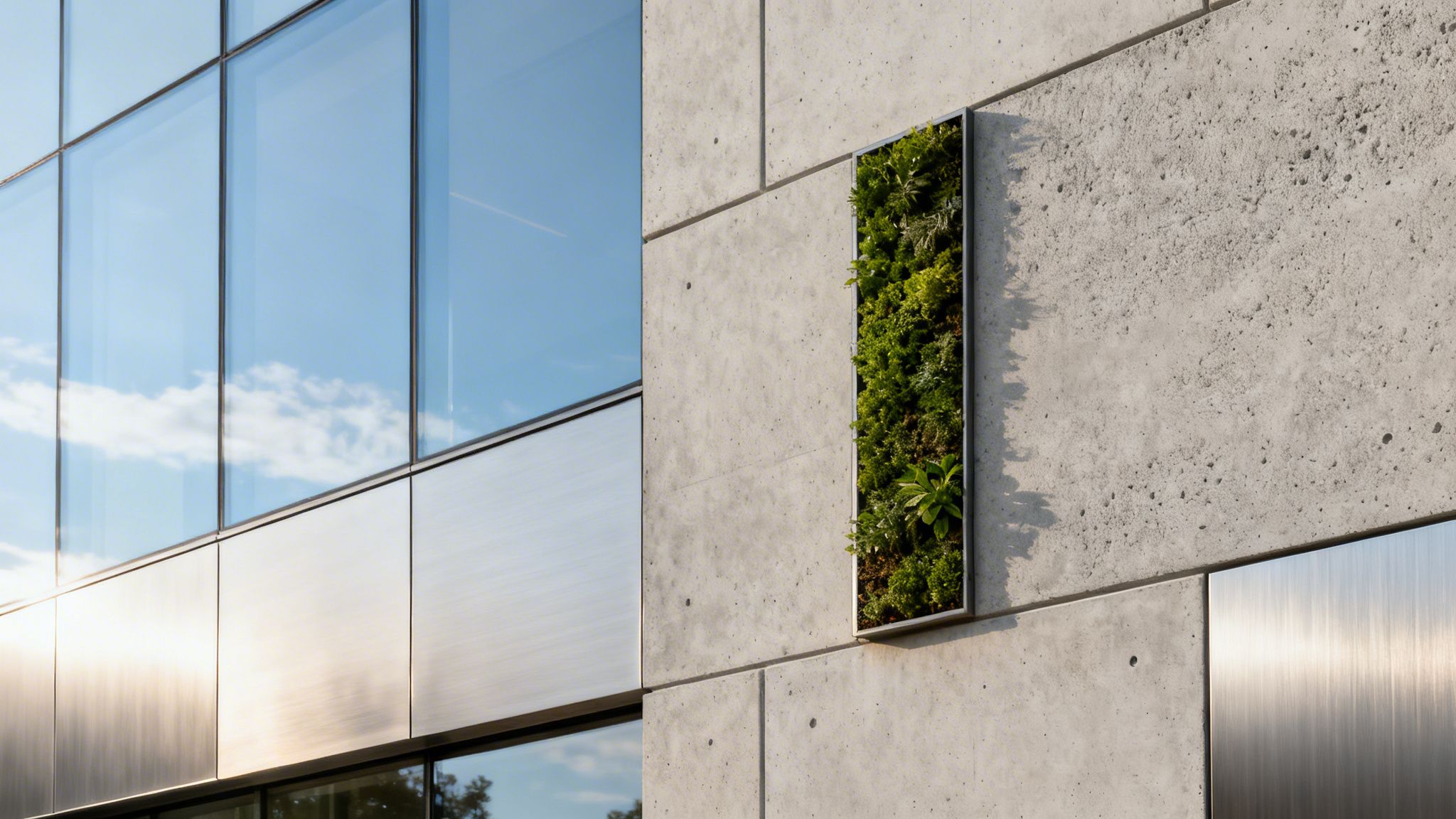 Modern building facade featuring reflective glass windows, textured concrete, and an integrated vertical garden.