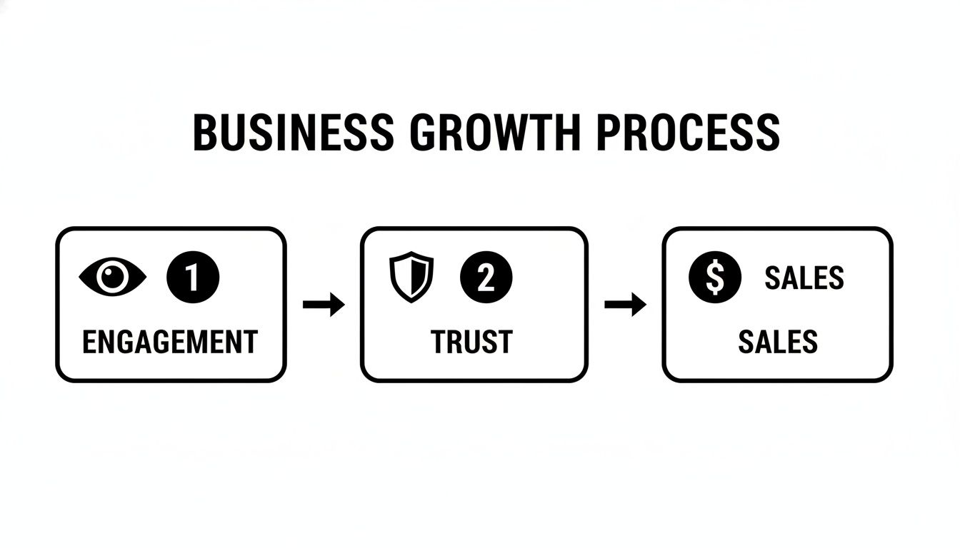 Infographic showing a business growth process flow from engagement to trust to sales.