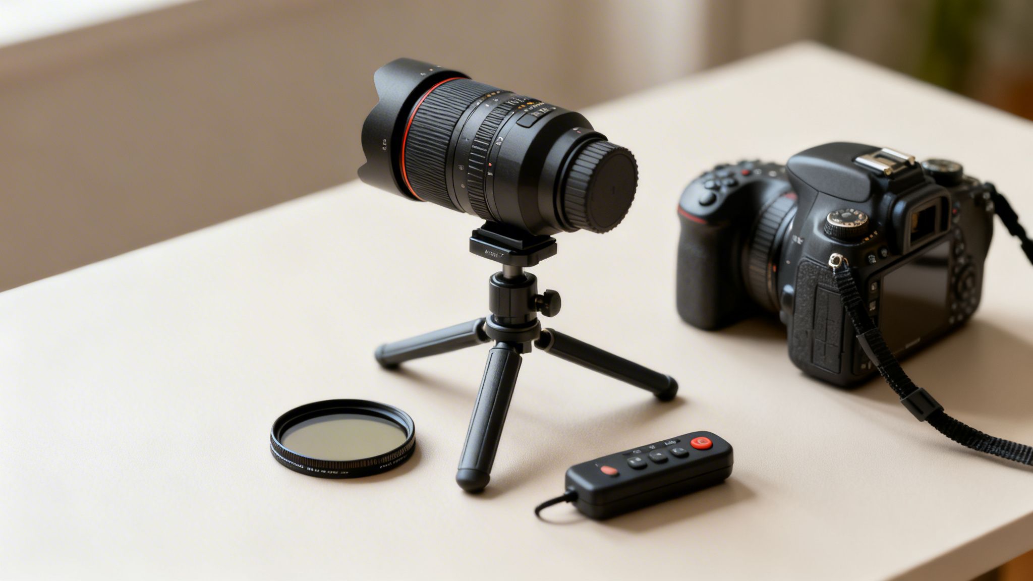 A collection of black photography gear, including a lens on a mini tripod, a DSLR camera, and remote control.