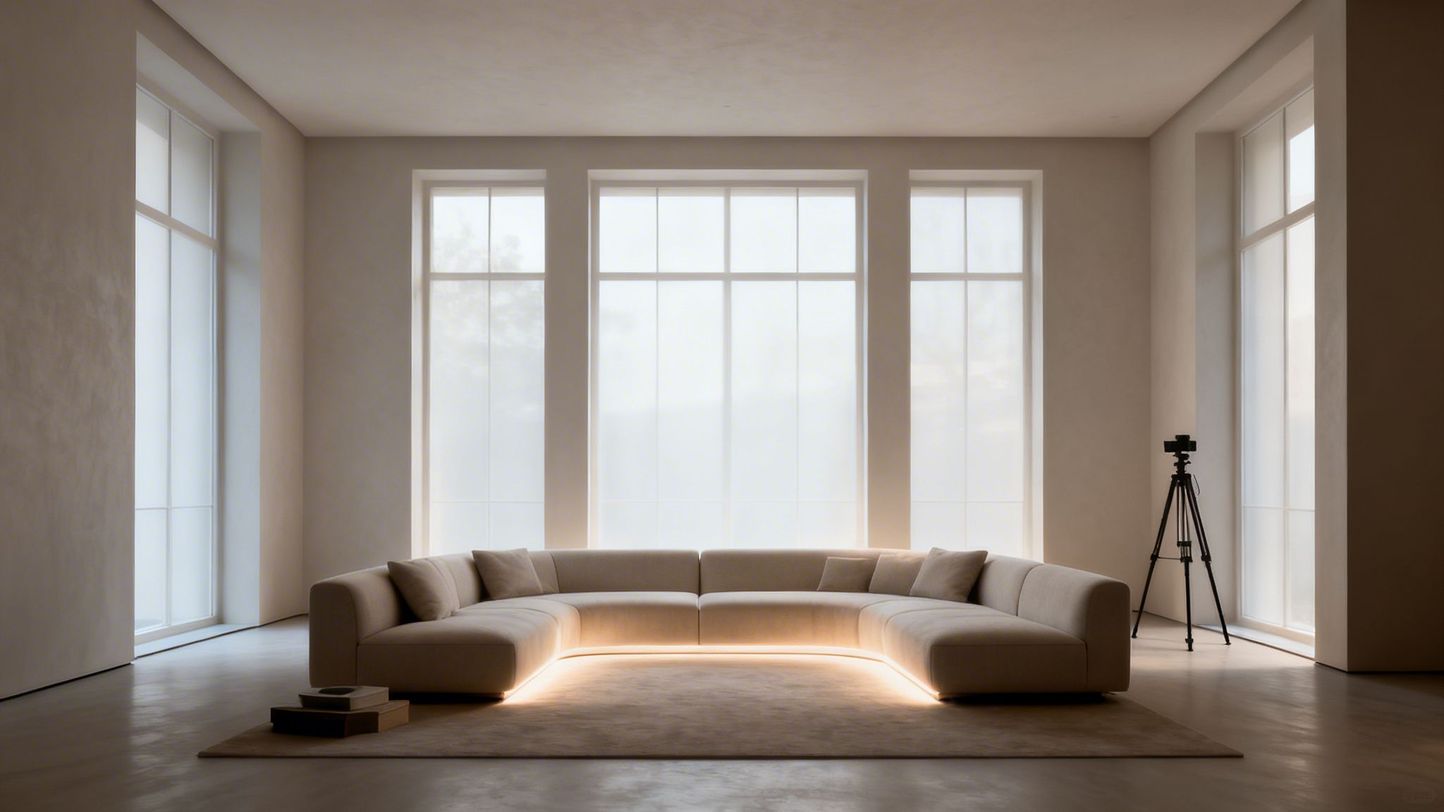 A minimalist living room with a beige U-shaped sofa, underglow lighting, and large bright windows.