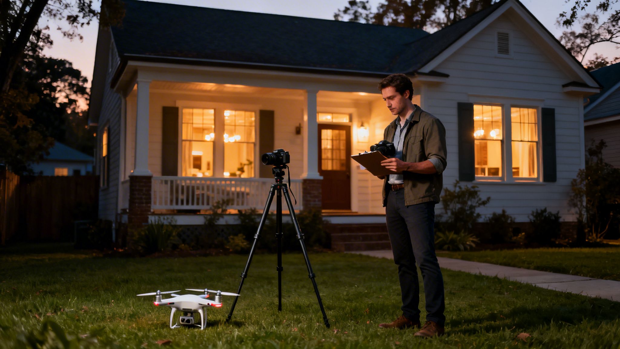 A man with a camera and clipboard stands next to a camera on a tripod and a drone in front of a house at dusk.