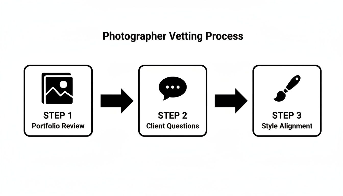 A clear flowchart illustrating the photographer vetting process with three steps: portfolio review, client questions, and style alignment.