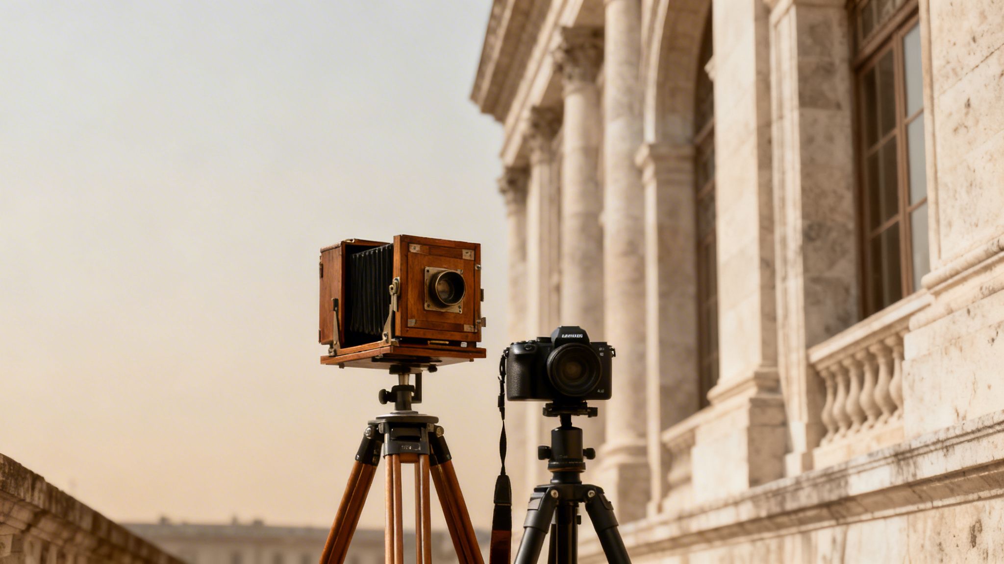 Two cameras, vintage and modern, on tripods against a classic building with columns, showcasing photography evolution.
