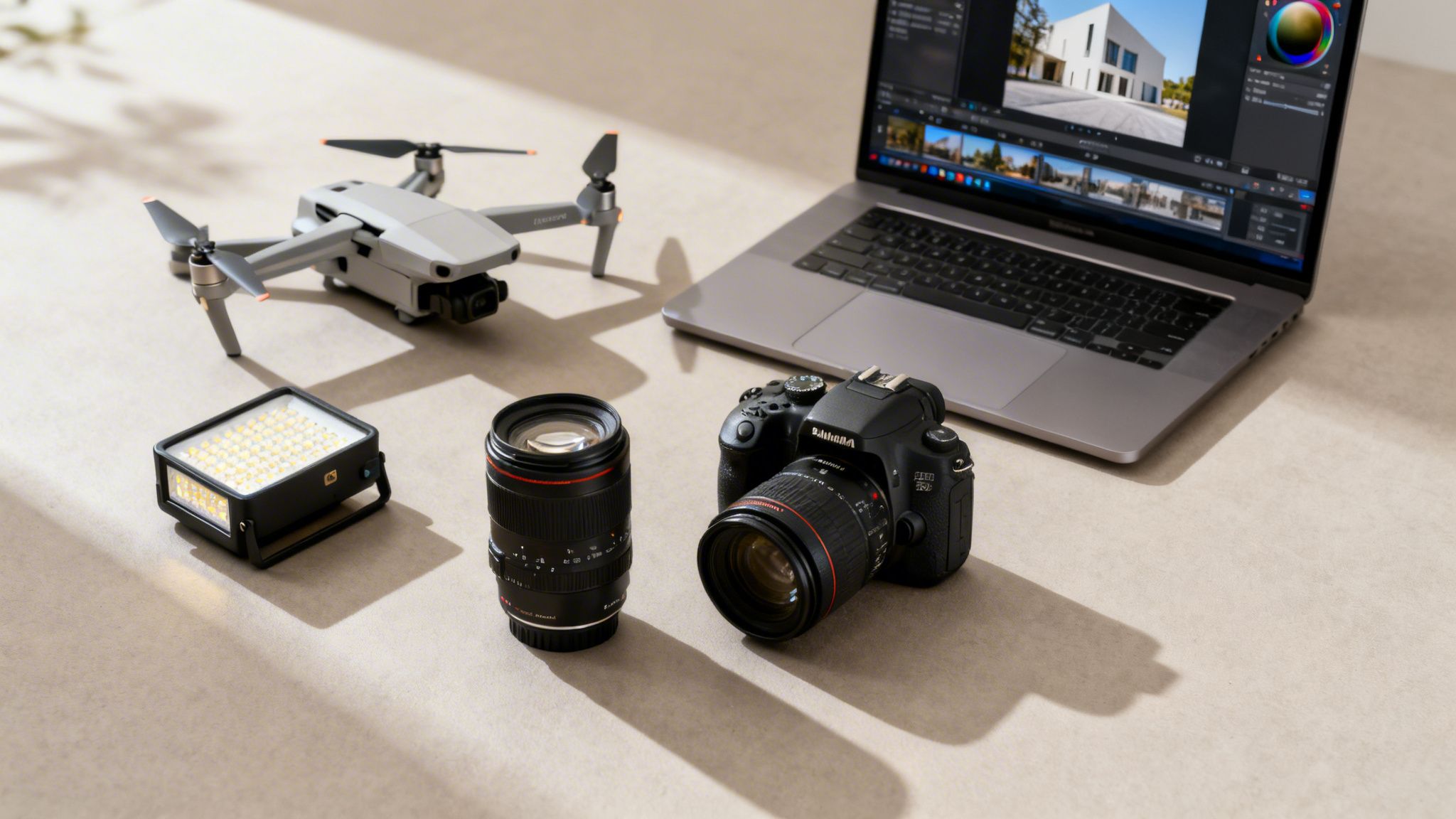 Professional photography and drone equipment, including a DSLR camera, lenses, LED light, drone, and laptop with editing software.