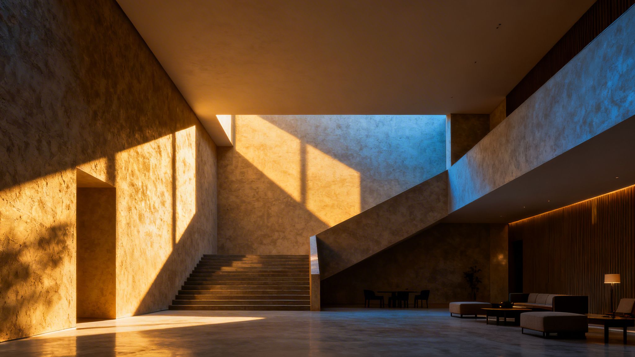 Modern interior with a grand staircase, textured walls, and dramatic natural light casting shadows.