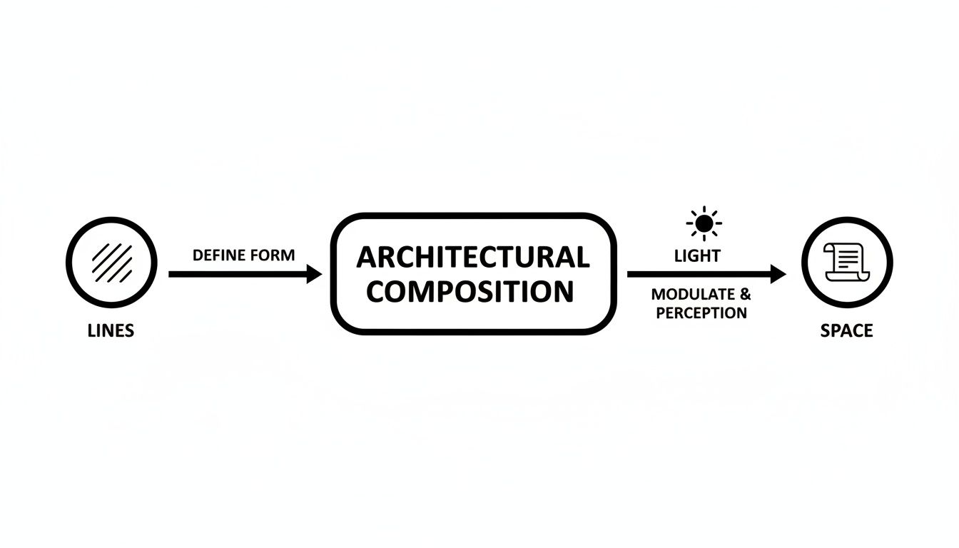 Diagram illustrating how lines define form in architectural composition, modulated by light to create space.