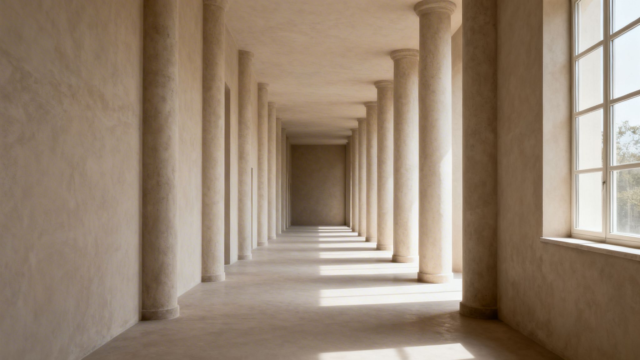 A long, minimalist hallway with numerous pillars, warm light, and a large window on the right.