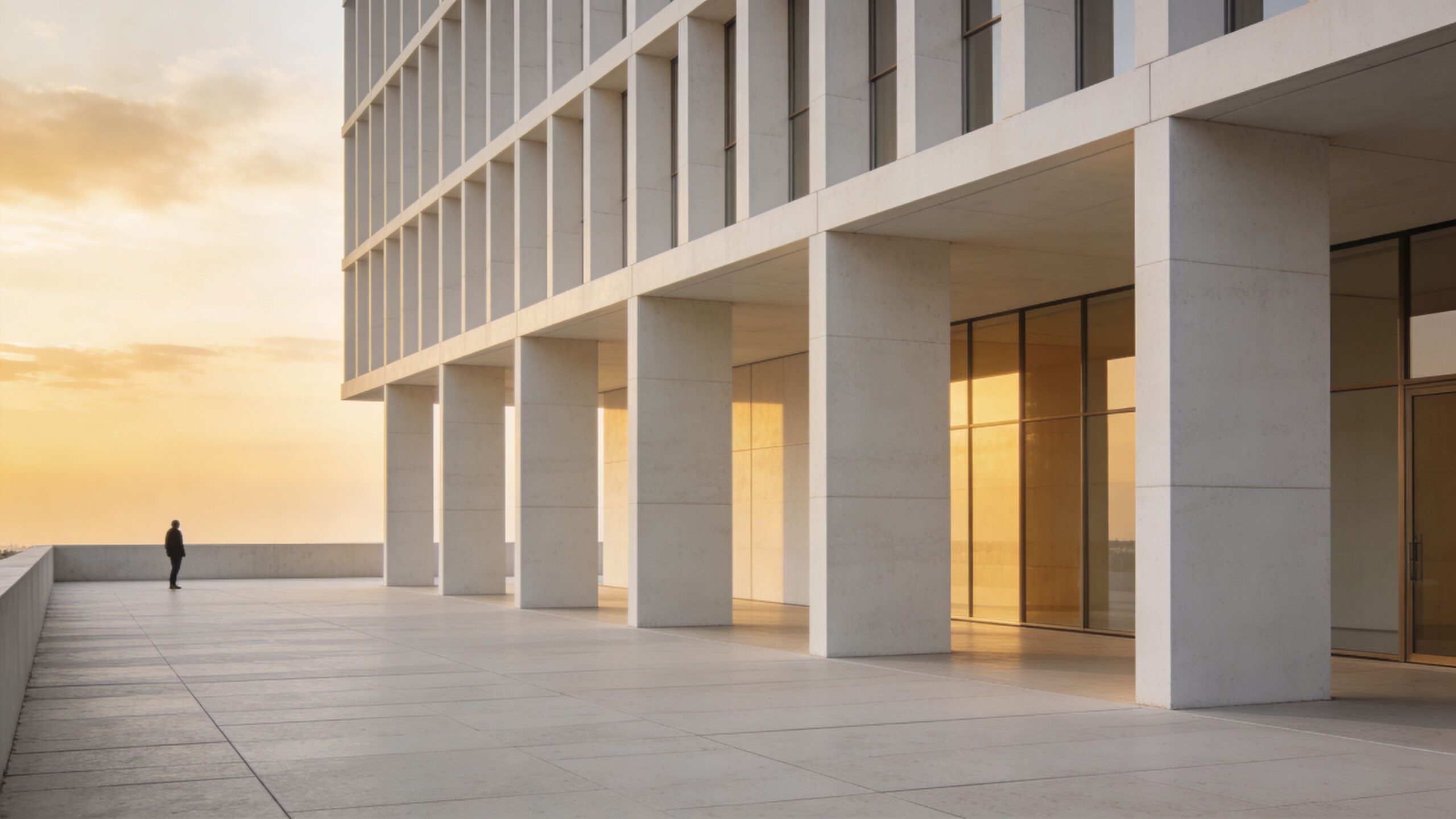 A solitary person stands on a modern minimalist concrete terrace overlooking a sunset skyline.