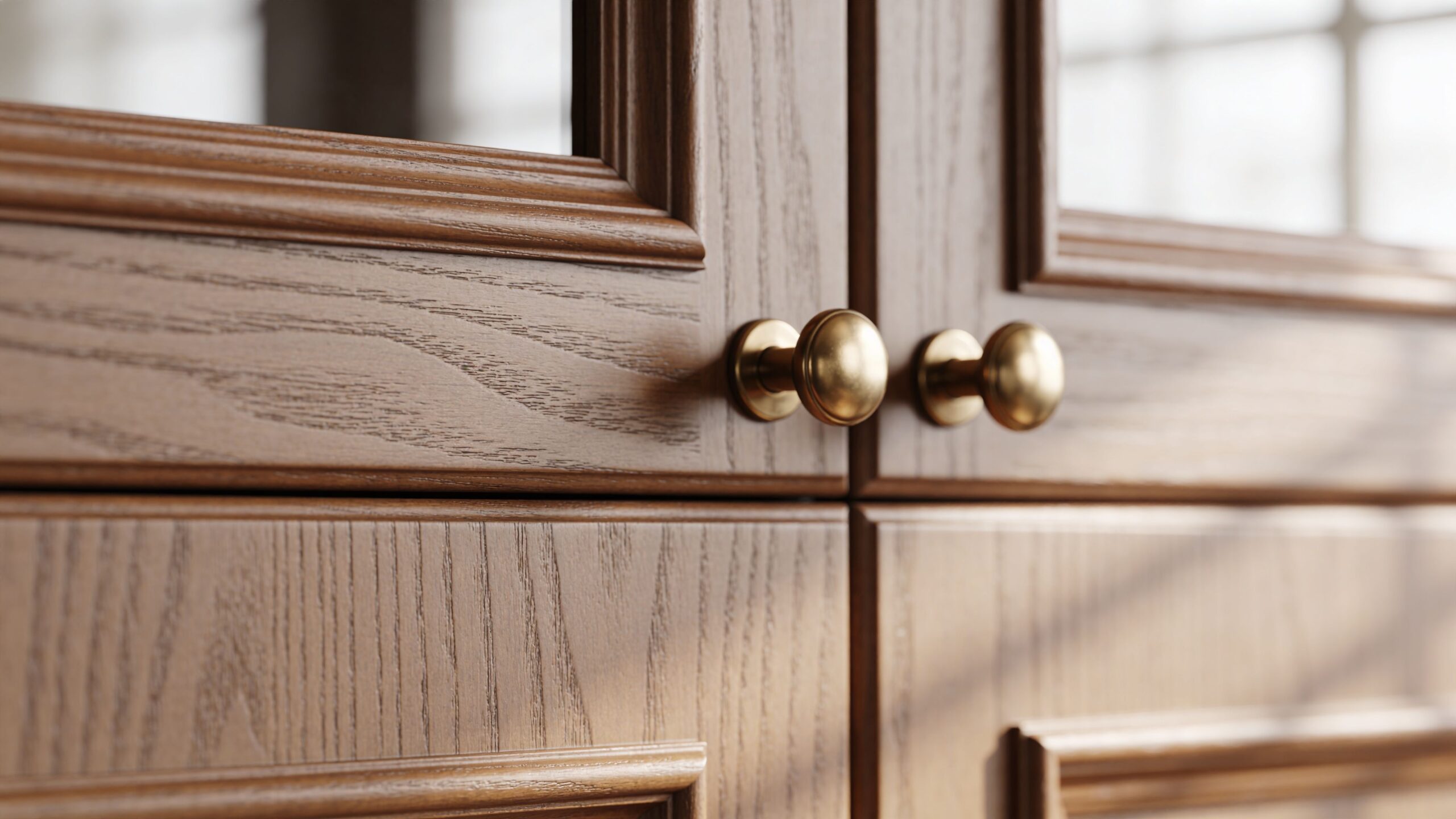 Close-up of elegant wooden kitchen cabinet doors with sophisticated round gold metallic hardware and glass panels.