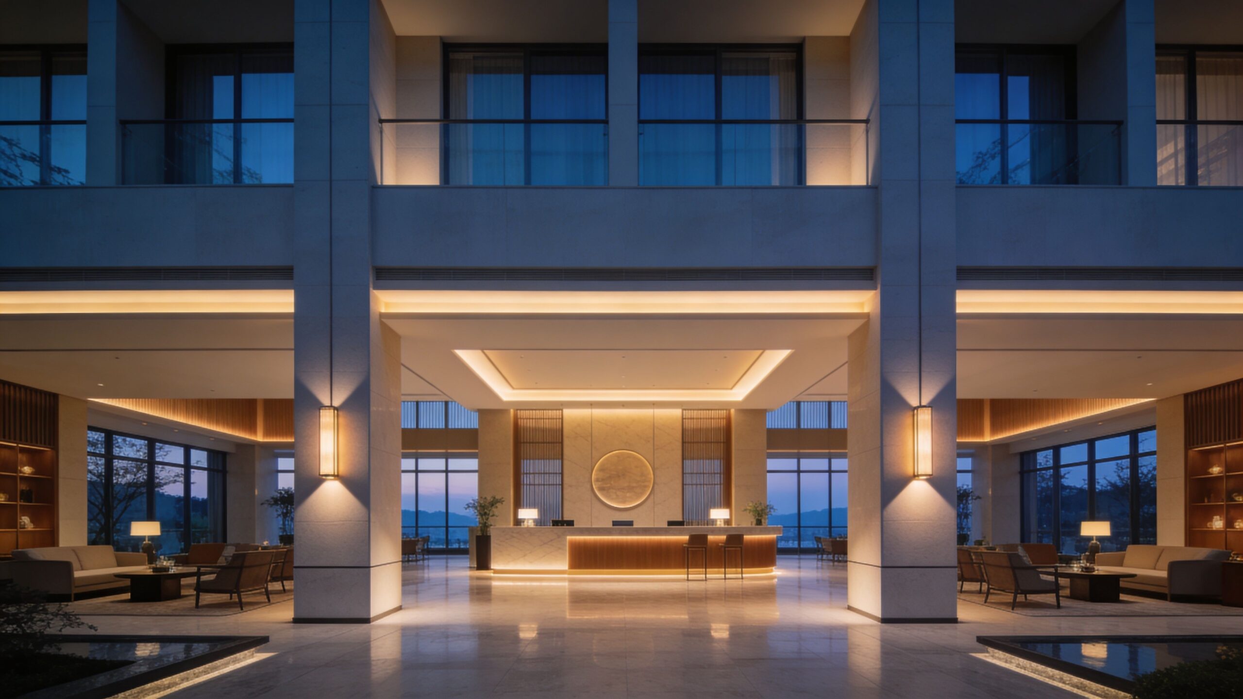 An elegant, modern hotel lobby featuring a marble reception desk, soft ambient lighting, and floor-to-ceiling windows.