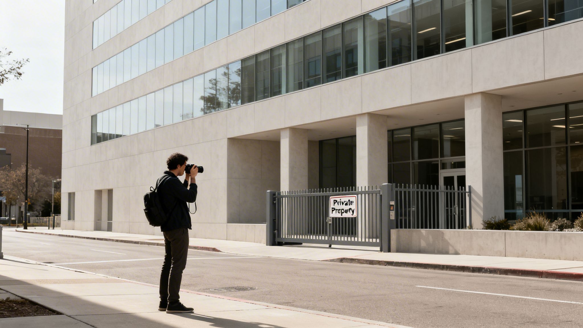 A man with a backpack photographs a modern building with large windows and a 'Private Property' sign.