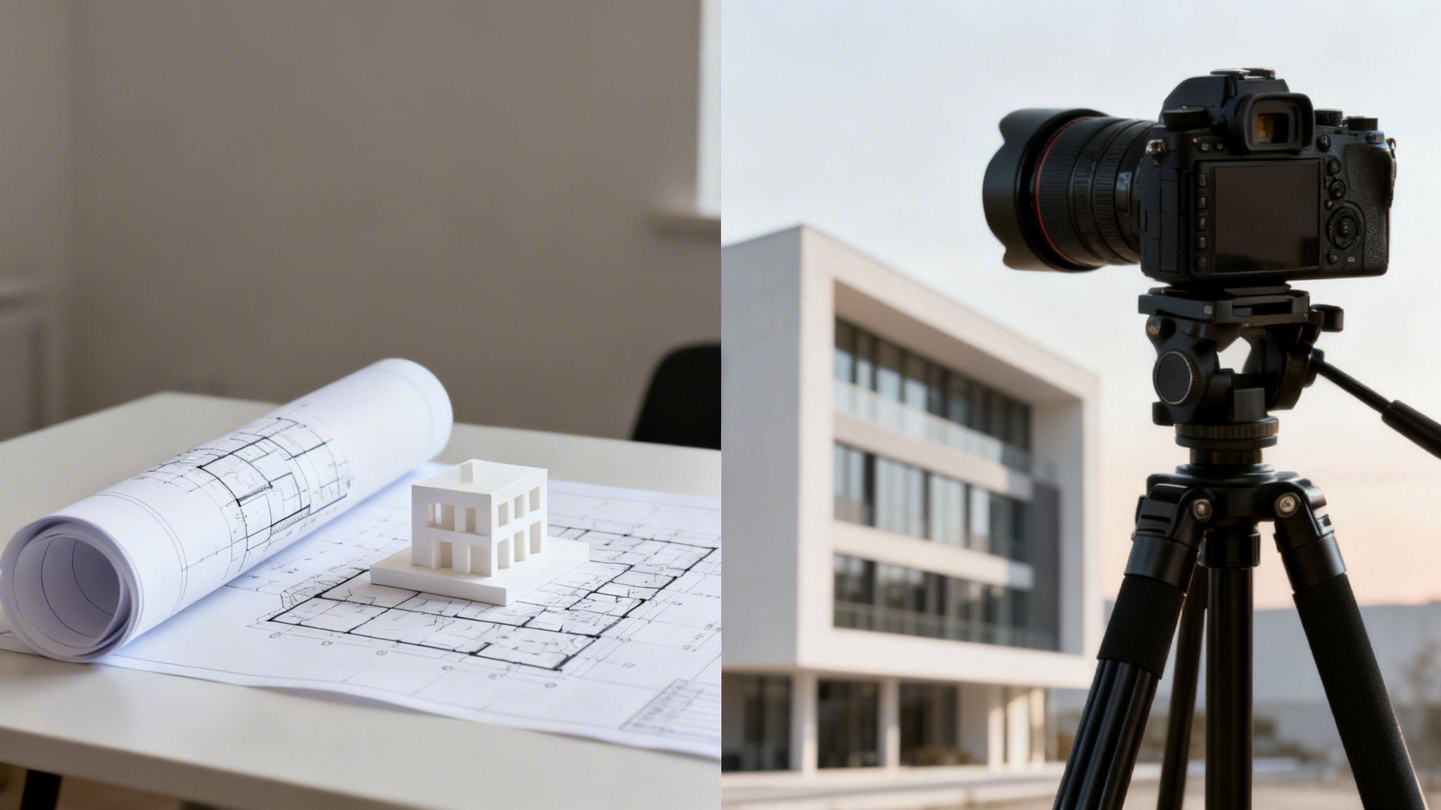 Architectural blueprint and a house model on a desk, next to a camera on a tripod photographing a modern building.