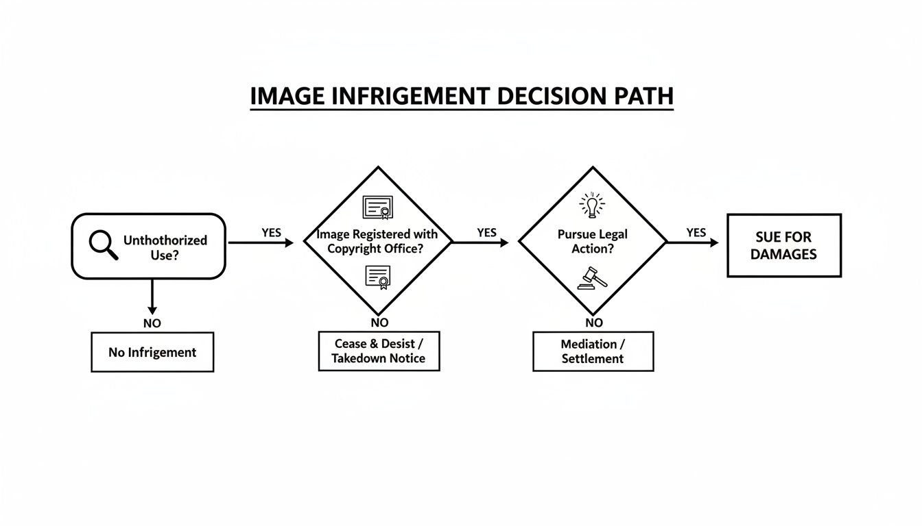 Flowchart detailing the image infringement decision path, from unauthorized use to legal action or settlement.