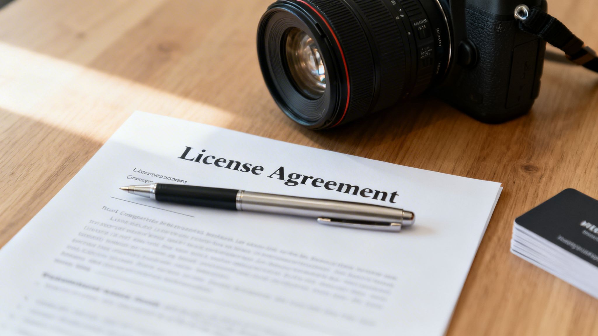 A 'License Agreement' document with a pen, a professional camera, and business cards on a wooden table.