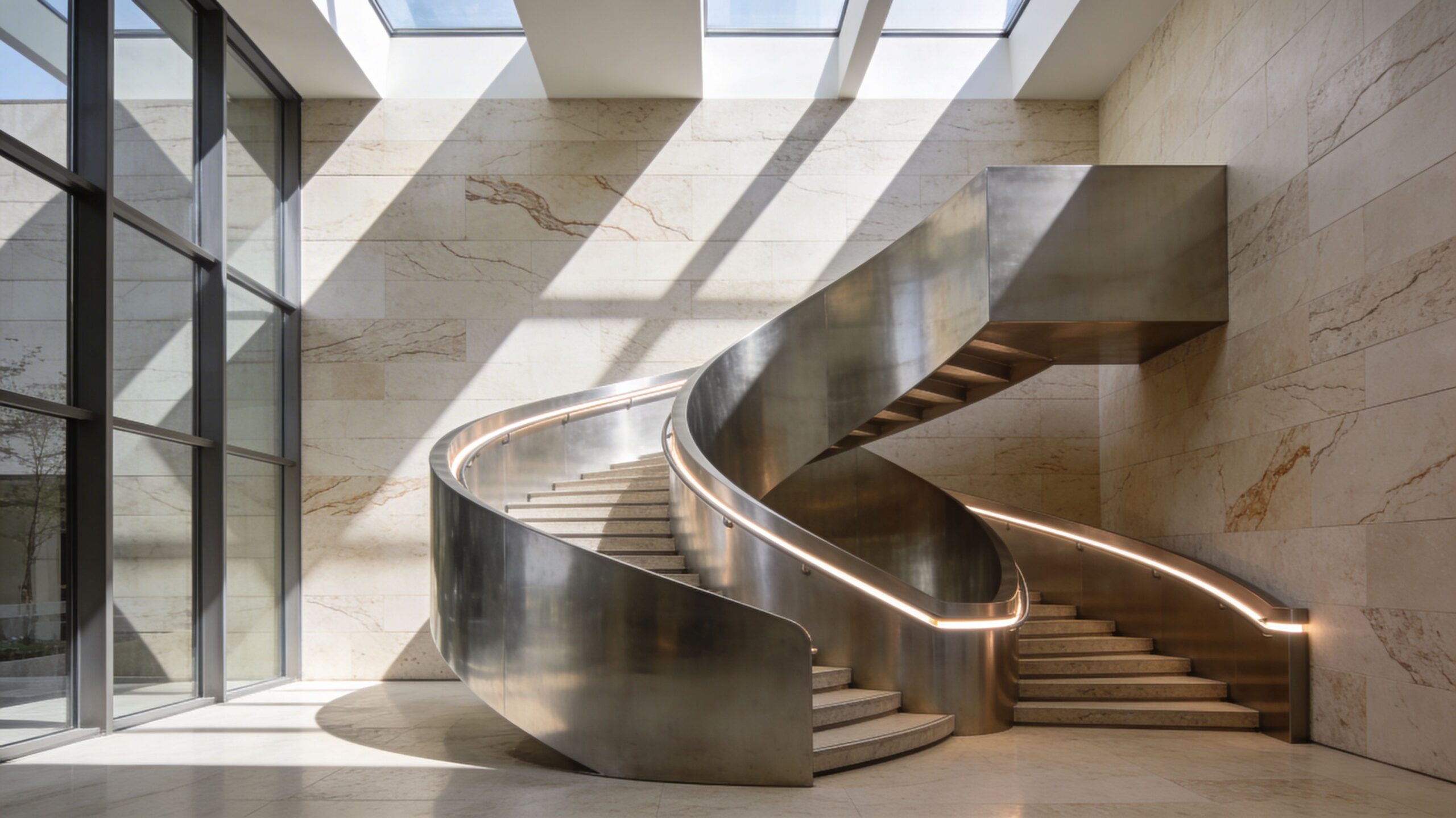 A modern curved metal staircase in a sunlit architectural lobby with stone walls and high glass windows.
