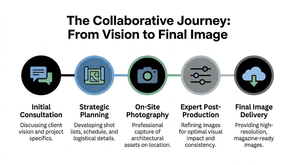 A five-step flowchart illustrating the collaborative professional architectural photography process from consultation to final image delivery.