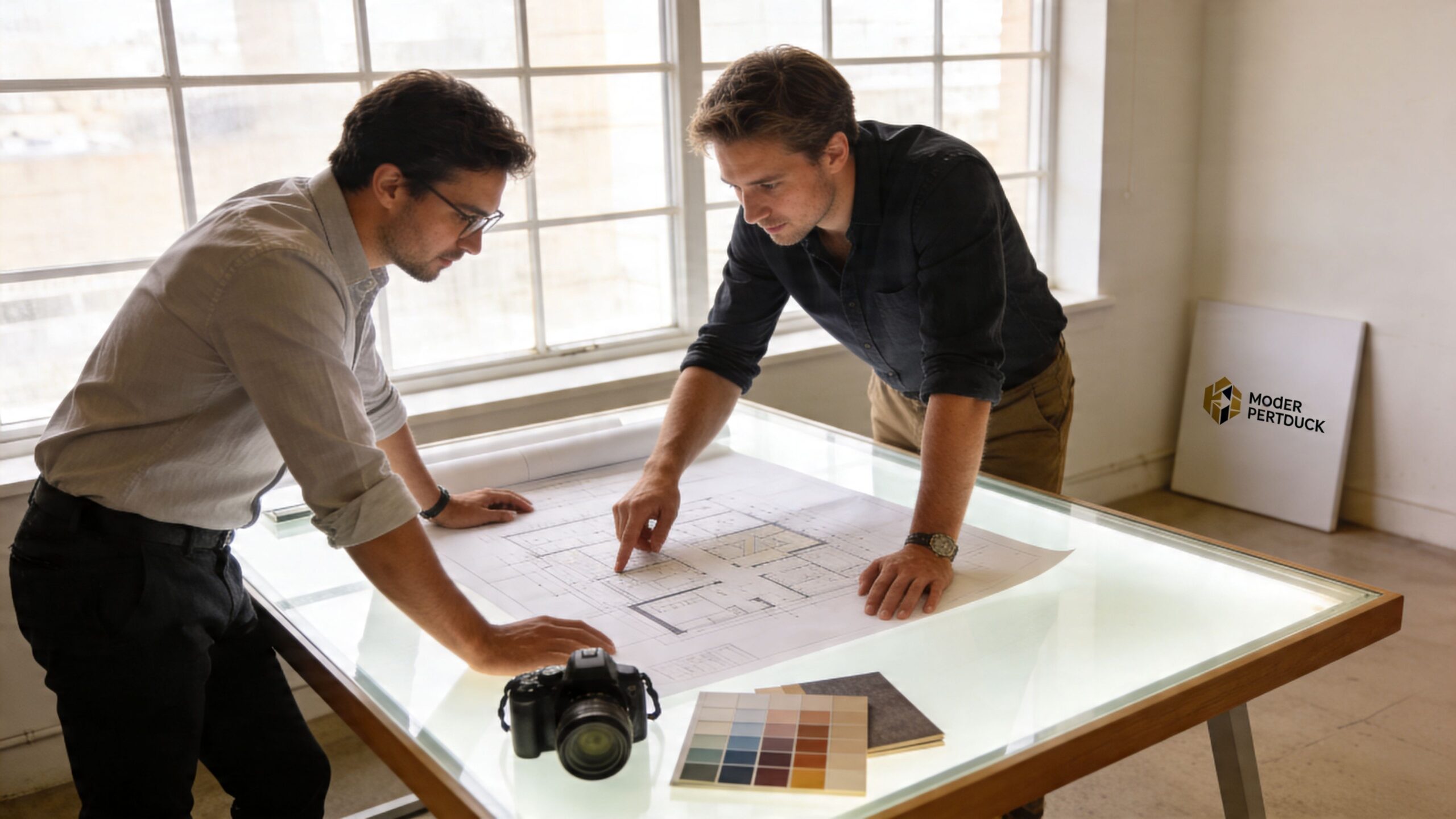 Two male architects in a sunlit office collaborating on architectural blueprints displayed on a large light table.