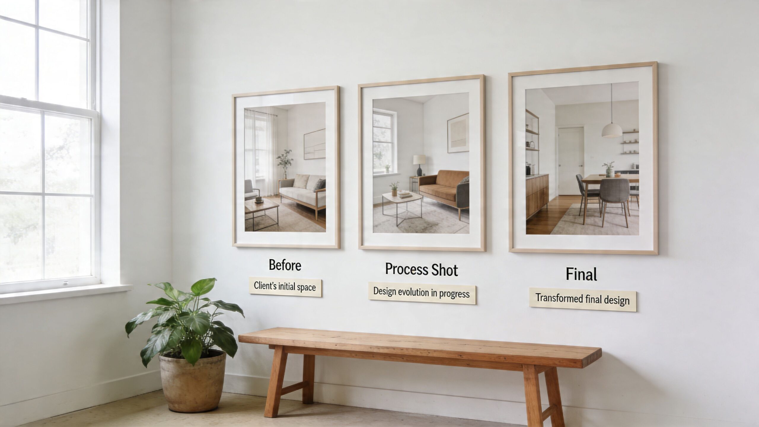 Three framed photos showing the interior design process from the initial client space to the final transformed room.