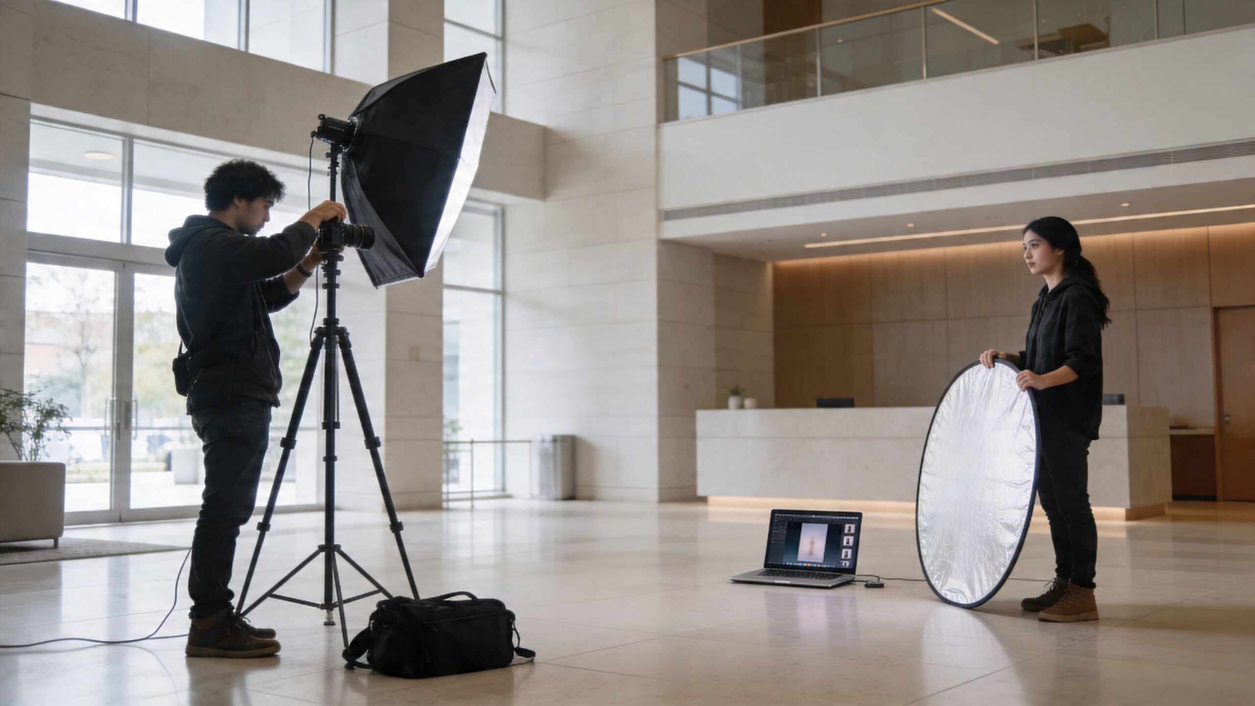 A professional photographer and assistant setting up studio lighting and a reflector in a modern building lobby.