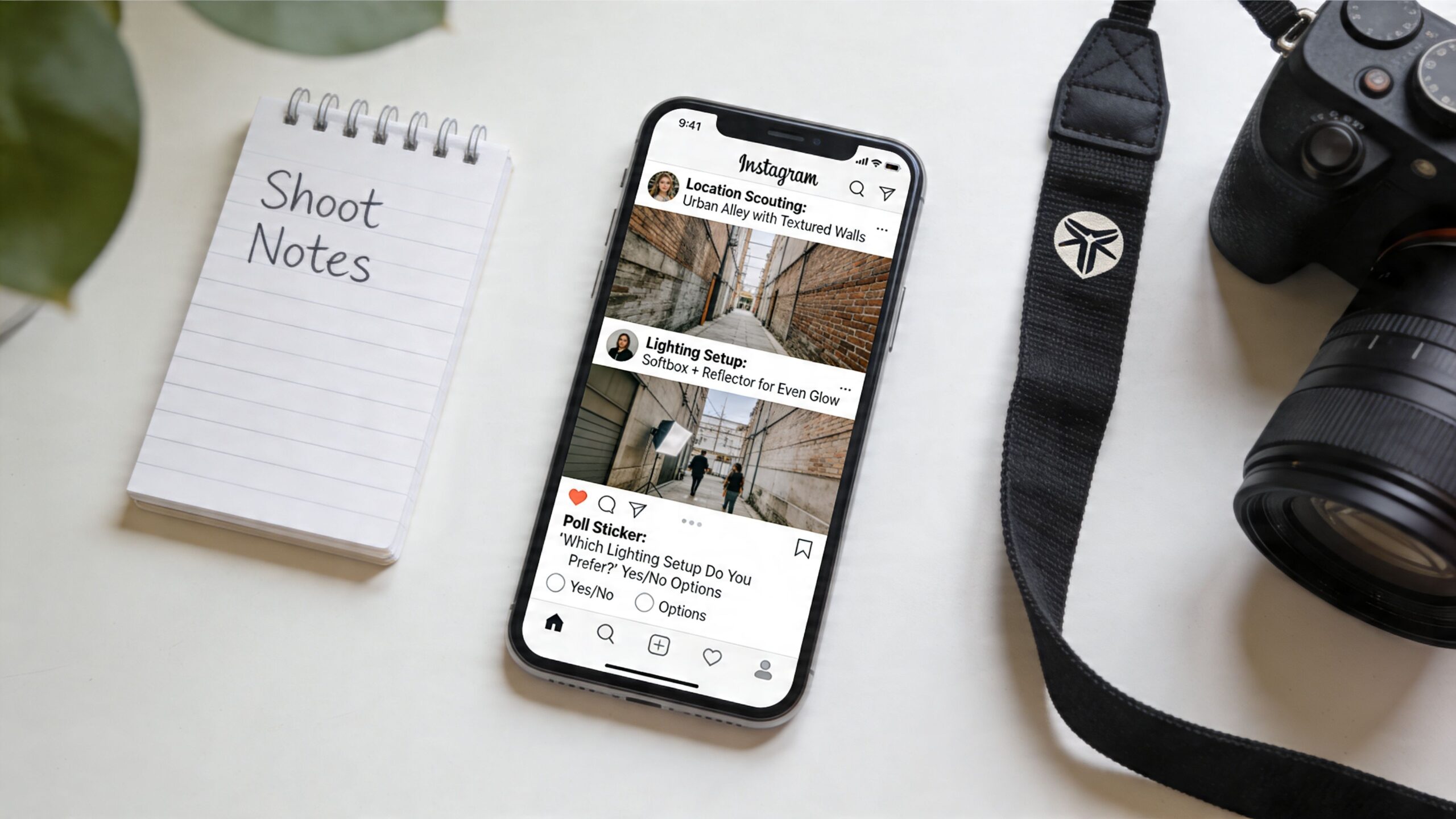 A smartphone displaying an Instagram feed with photography tips placed on a desk next to a camera.