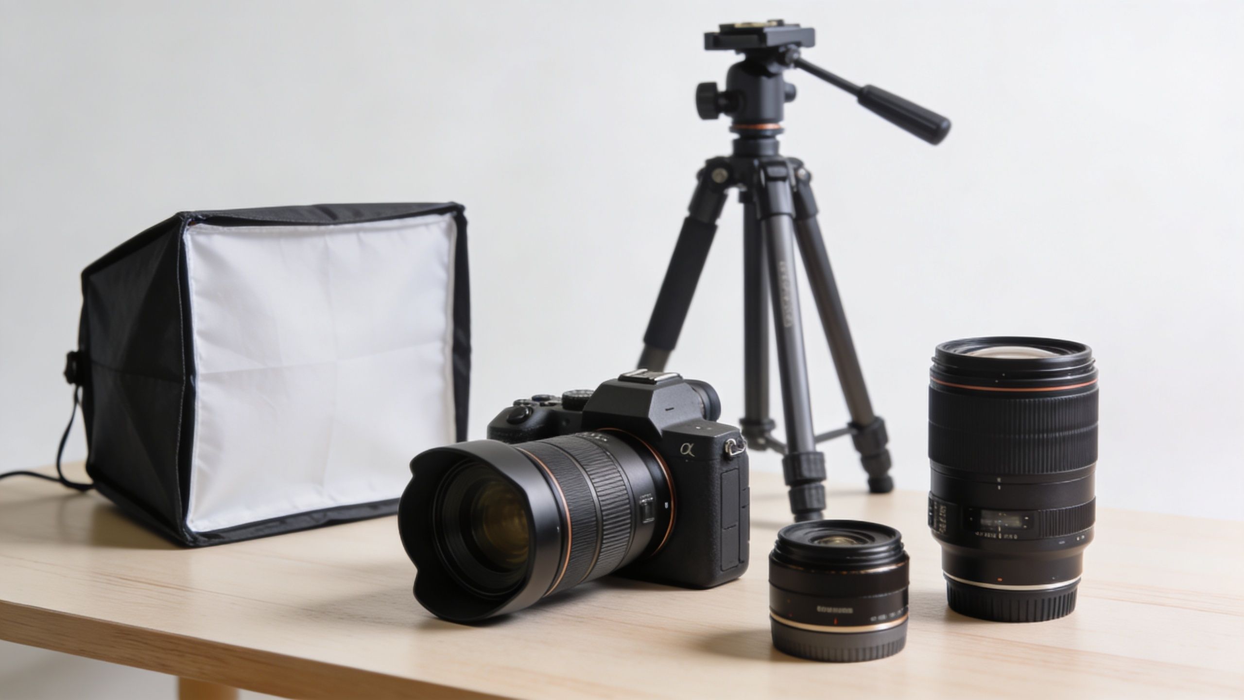 A professional digital camera with lenses, a tripod, and a softbox light on a wooden table.