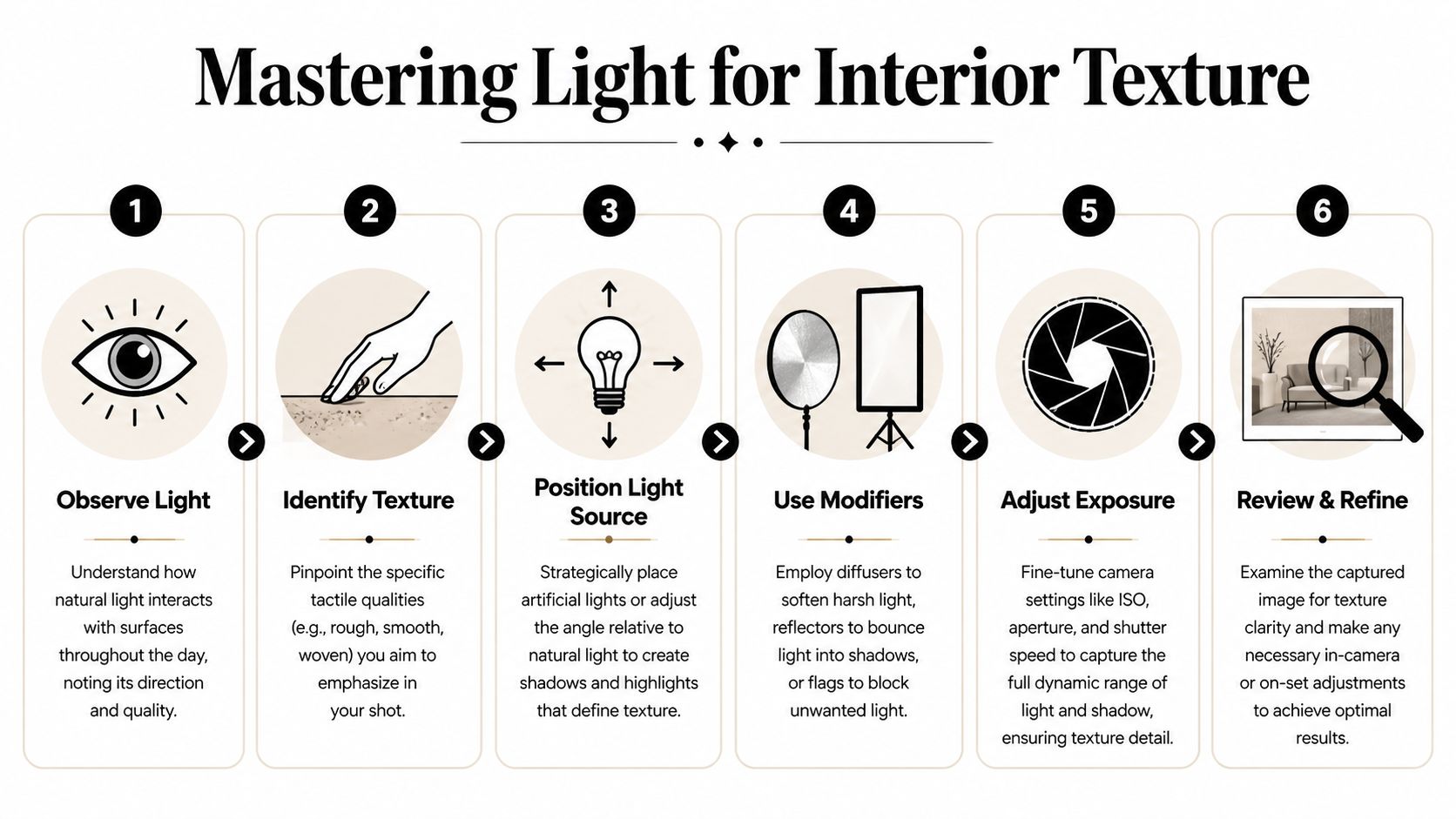 An infographic titled Mastering Light for Interior Texture illustrating six steps for improving interior photography techniques.