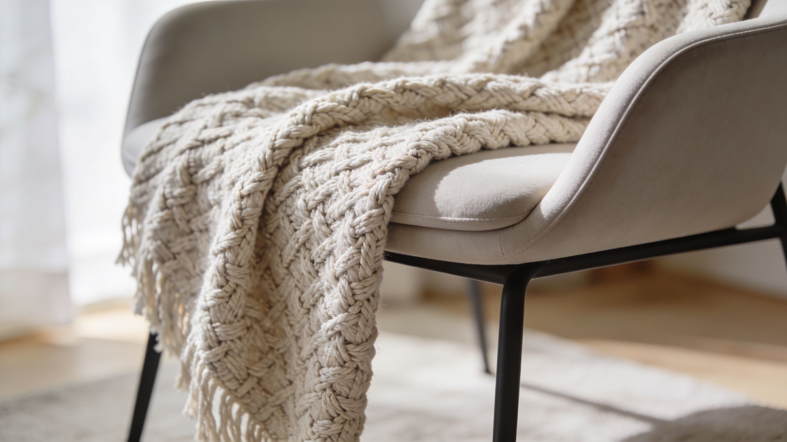 A cozy cream-colored knit blanket draped over a modern beige upholstered armchair in a sunlit room.