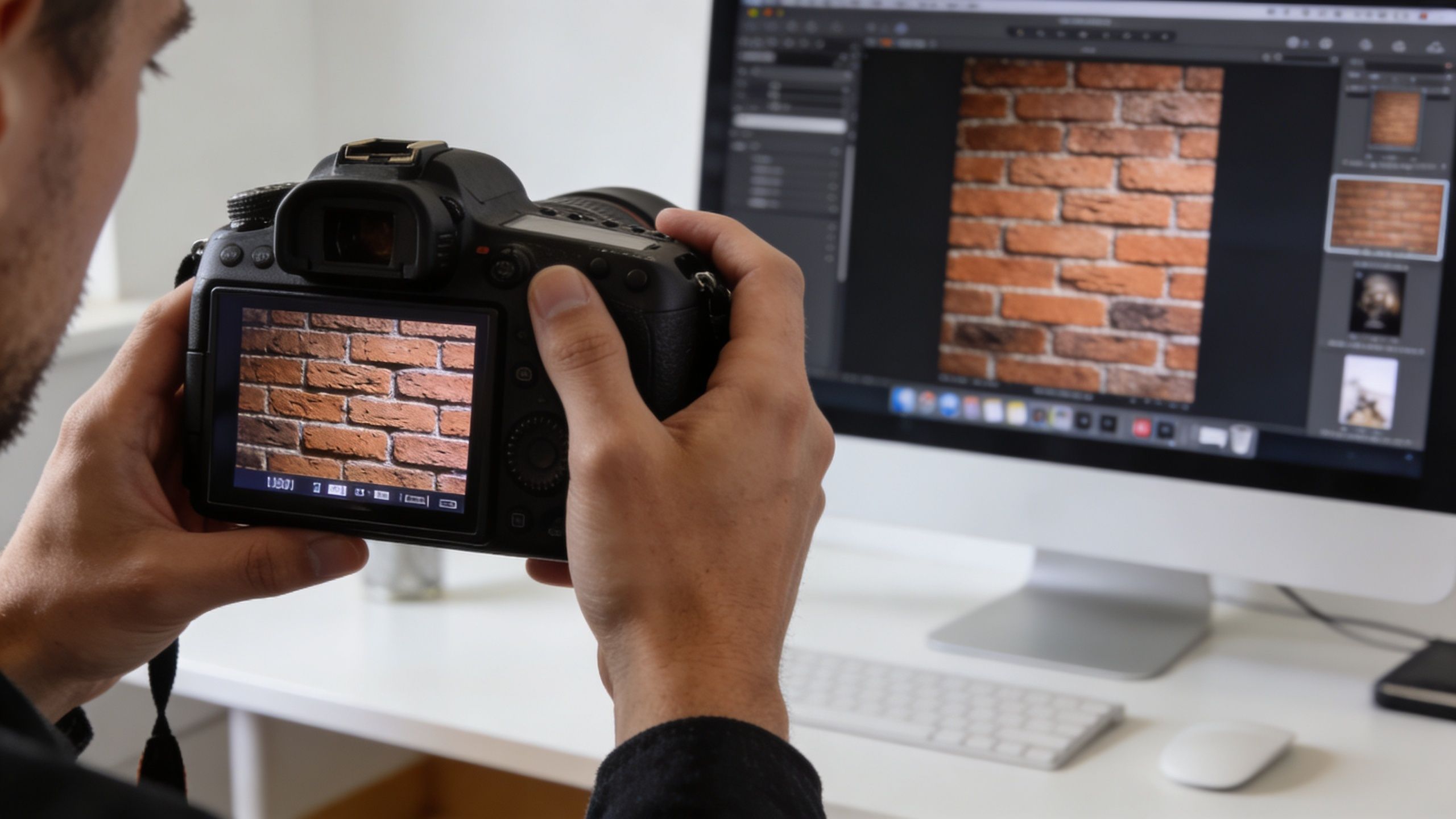 A photographer reviews brick wall texture photos on a DSLR camera screen in front of a computer.