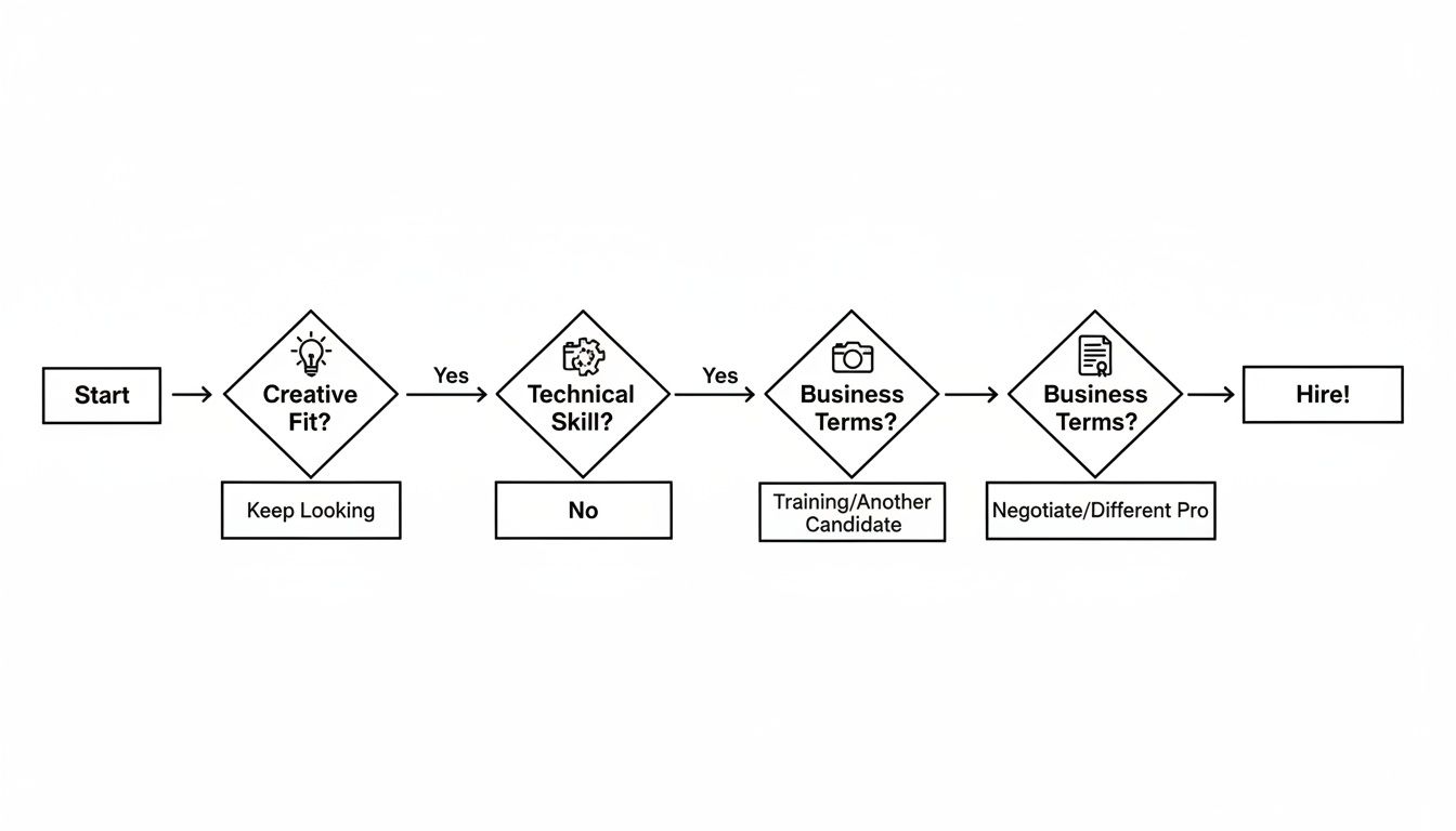A flowchart outlining a hiring process, assessing creative fit, technical skill, and business terms to make a hire.