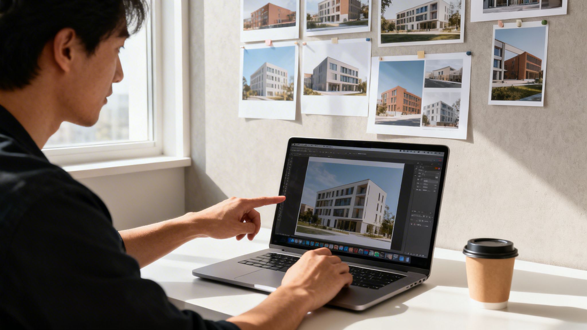 An architect or designer works on a laptop, reviewing modern building photos on screen and a mood board.