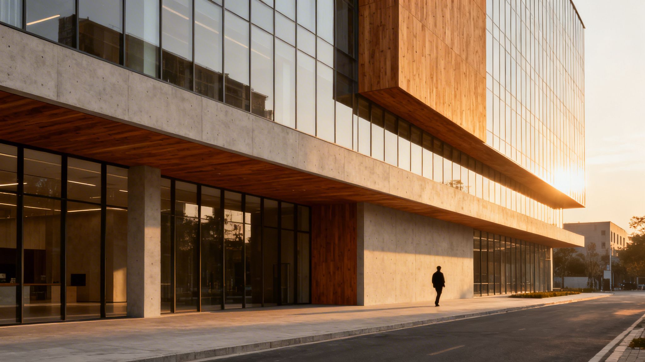A modern building with concrete, glass, and wood facades bathed in warm, golden light at sunset.
