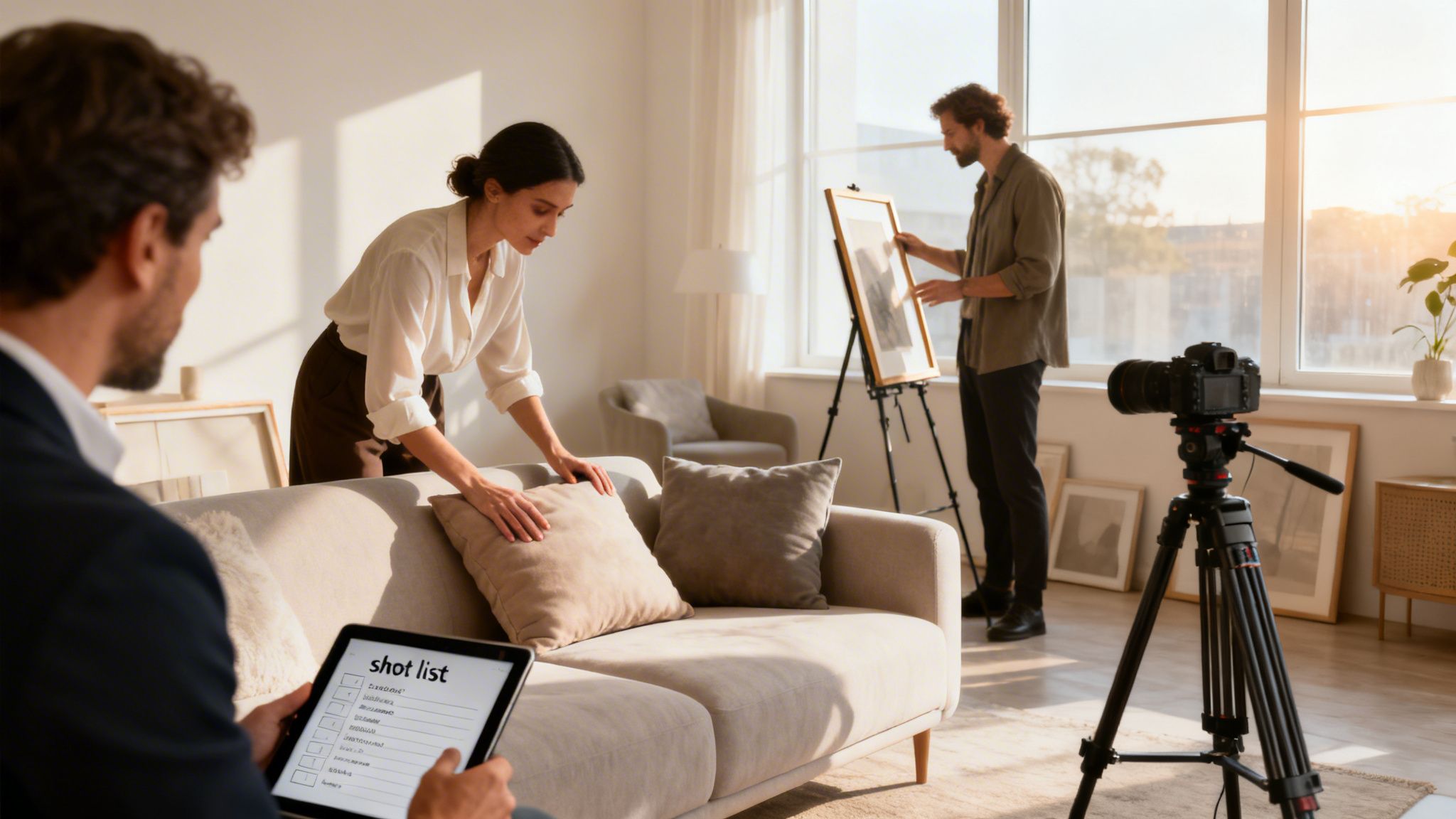 A team prepares a bright living room for a commercial photoshoot, with a director, stylist, and artist.