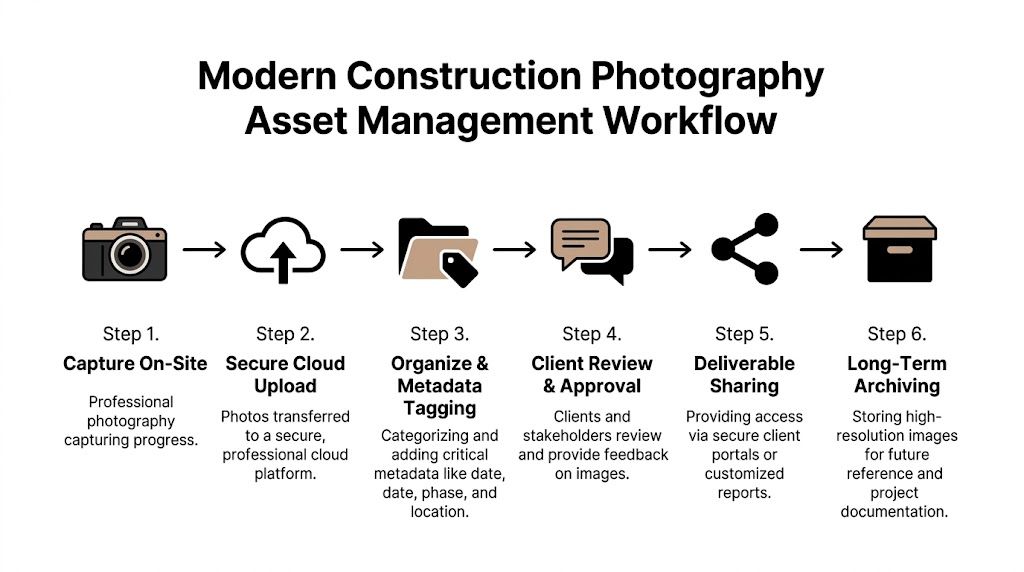 An infographic showing the six-step modern construction photography asset management workflow from capture to long-term archiving.