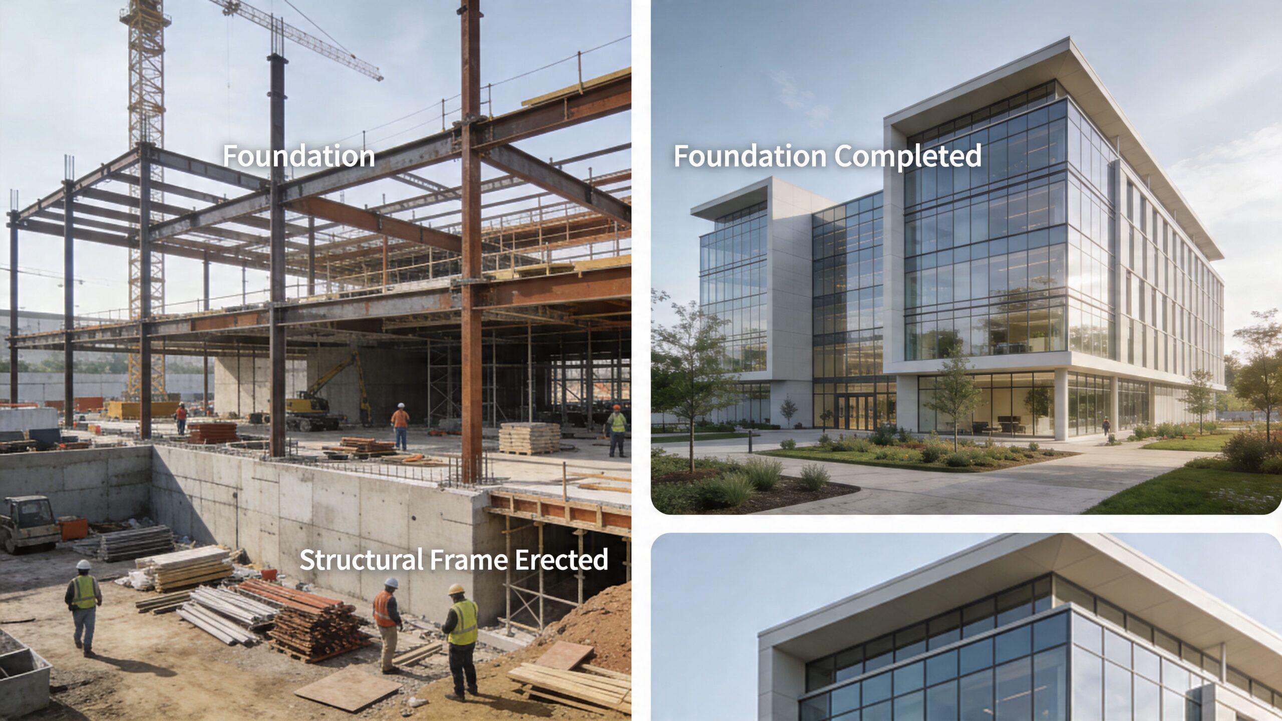A split-screen comparison showing a building under construction and the final completed office building architecture.