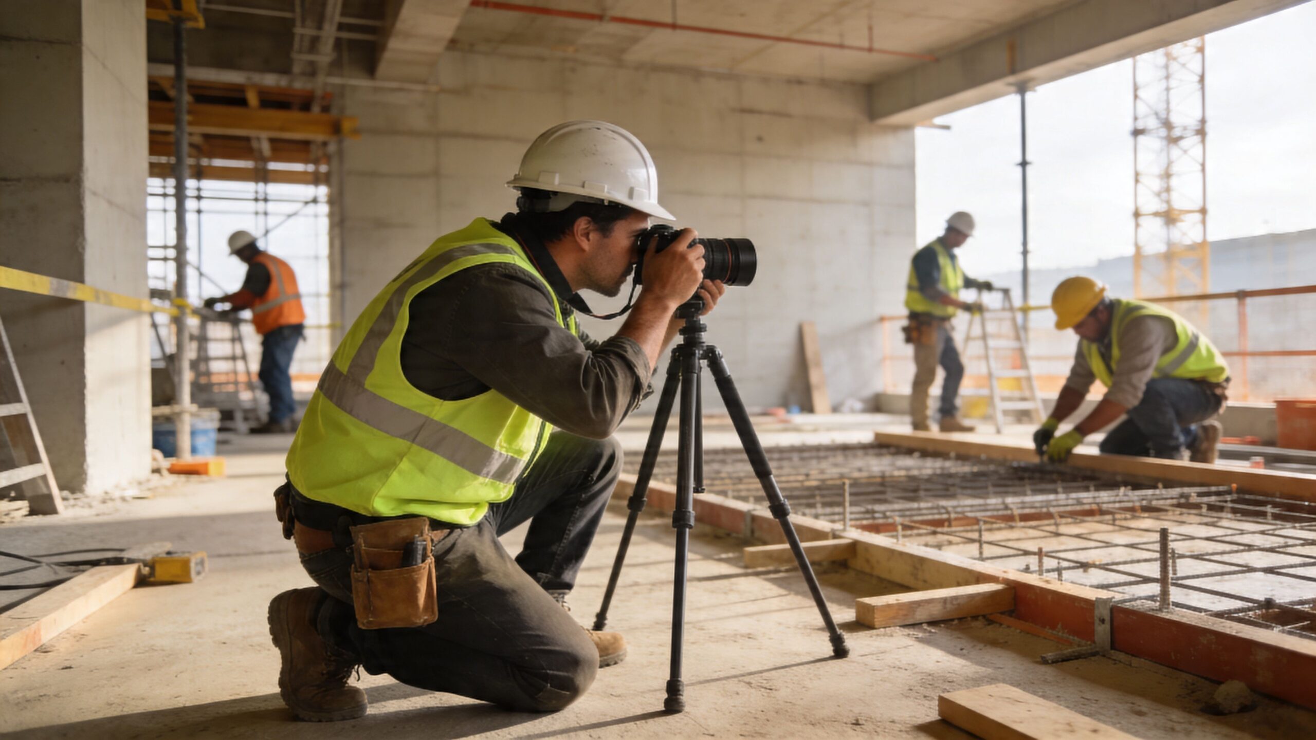 A professional construction photographer captures high-quality progress images of a reinforced concrete slab on a building site.