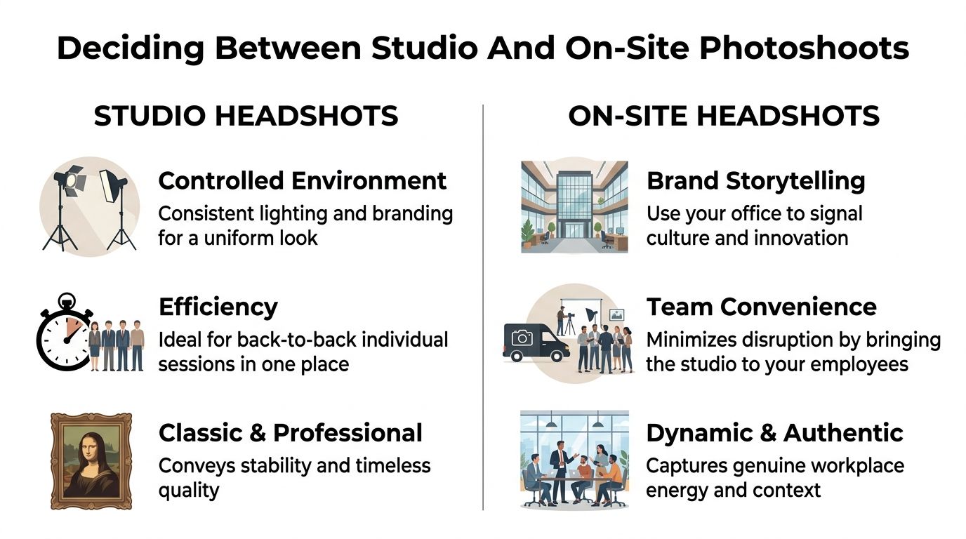 A comparison chart outlining the pros and cons of studio versus on-site corporate headshot photography sessions.